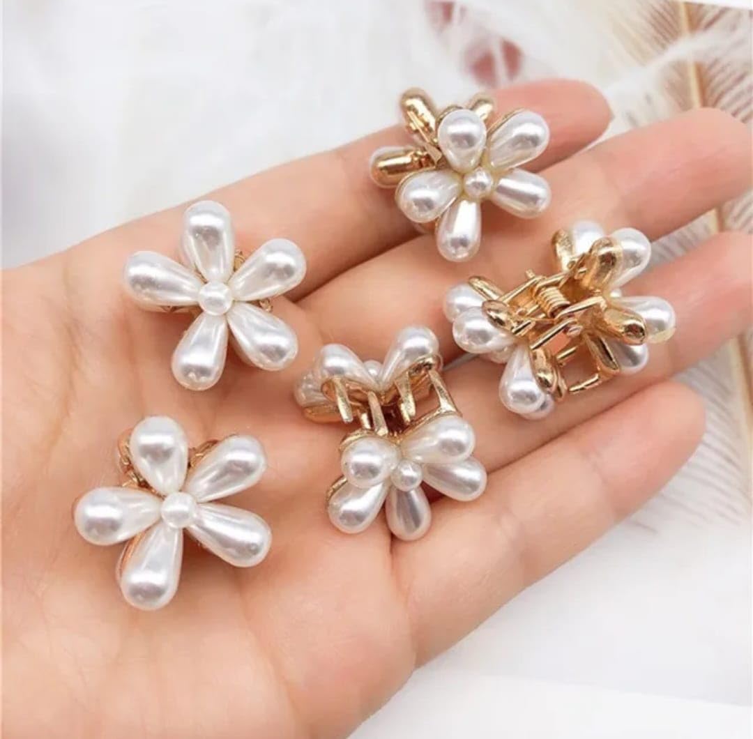 12-Pack Mini Pearl & Flower Hair Claw Clips for Women & Girls - Gold Metal Hair Barrettes & Accessories for School, Work, Parties & Everyday Styling (White)