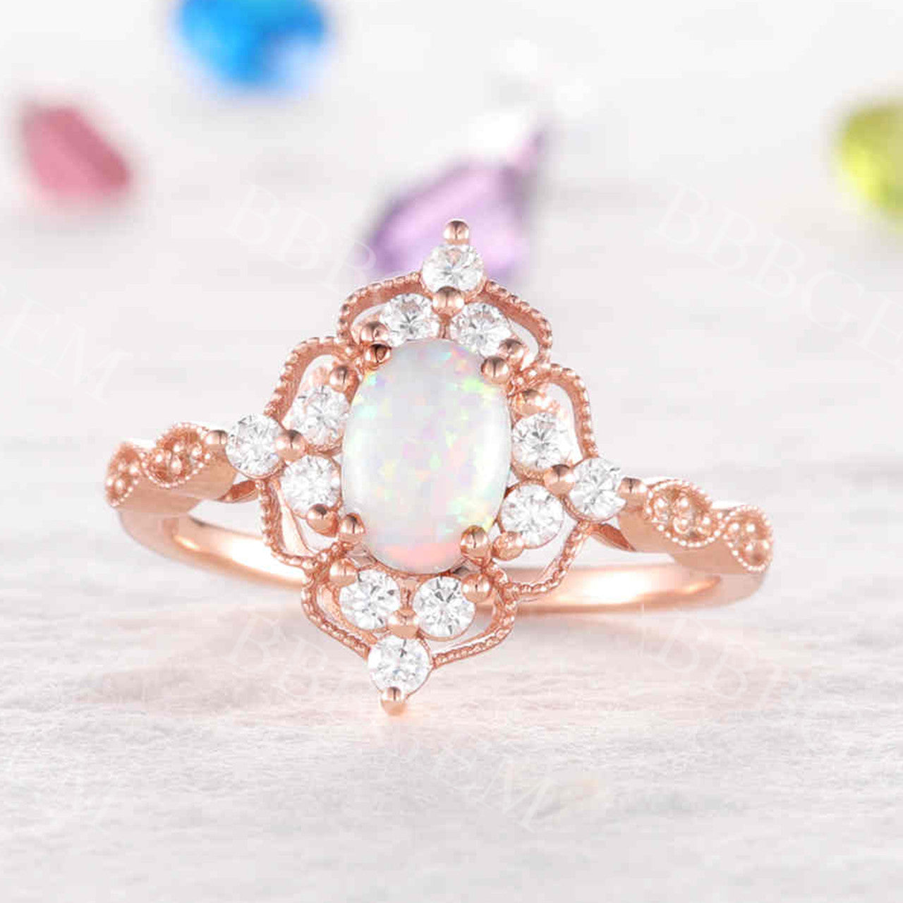 Vintage Opal Engagement Ring 14K Rose Gold Oval Halo Diamond Wedding Band for Women - Perfect for Anniversary, Proposal & Special Occasions
