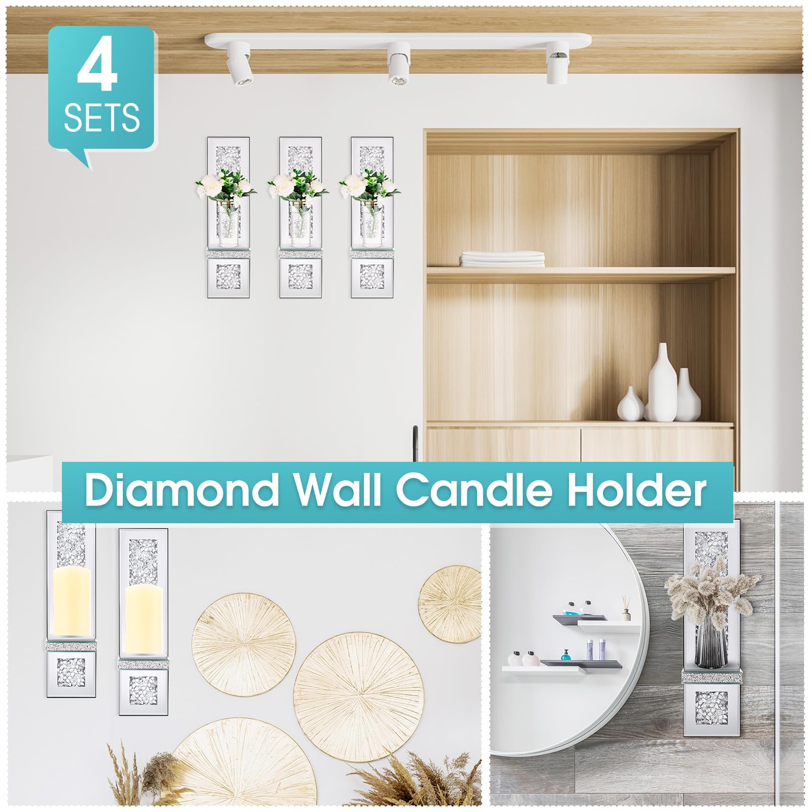 Hsei Set of 4 Silver Mirrored Crystal Crush Diamond Wall Candle Holders - 17.3 x 6.3 Inch Rectangle Candle Sconces for Living Room, Dining Room, Bedroom - Elegant Home Decor for Weddings, Parties & Romantic Ambiance