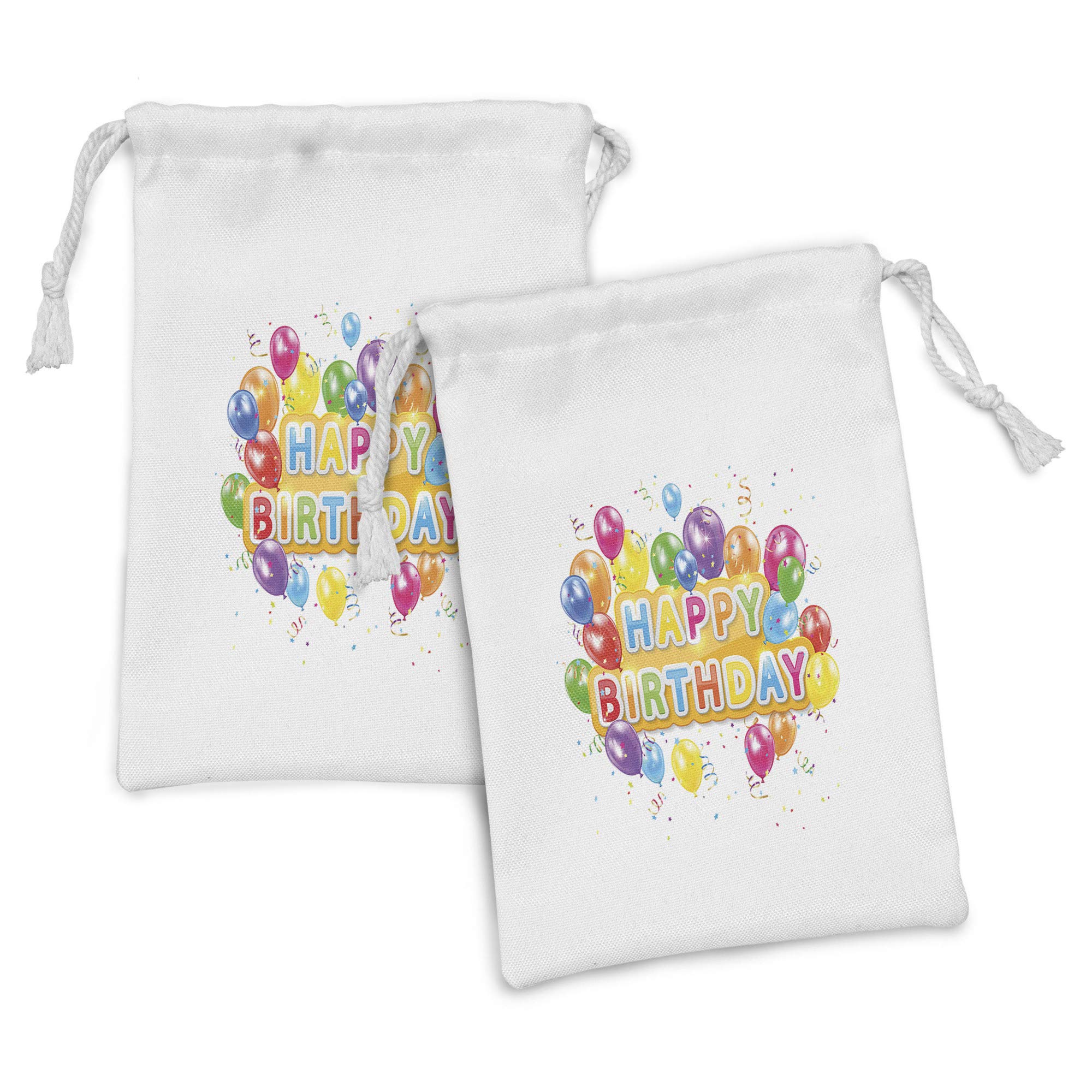 Ambesonne Happy Birthday Fabric Pouch Set of 2 - Colorful Balloon Print Drawstring Bags for Party Favors, Toiletries & Travel Accessories (9