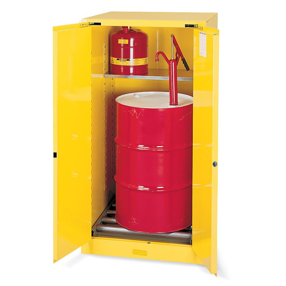Justrite 896270 Sure-Grip EX Steel 2-Door Self-Closing Flammable Storage Cabinet with Drum Rollers - 55 Gallon Capacity (34