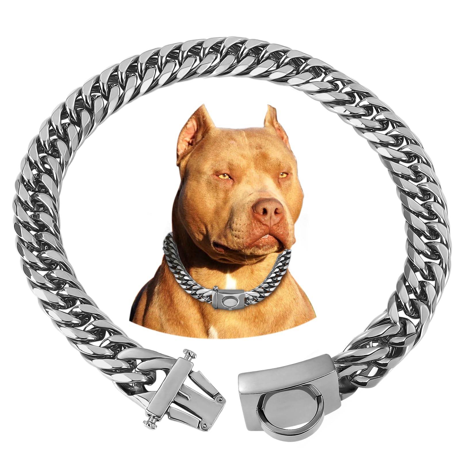 BAOBOTE 18K Silver Heavy Duty Cuban Link Dog Collar - 16MM Secure Snap Buckle Chew Proof Metal Chain for Medium & Large Dogs (20