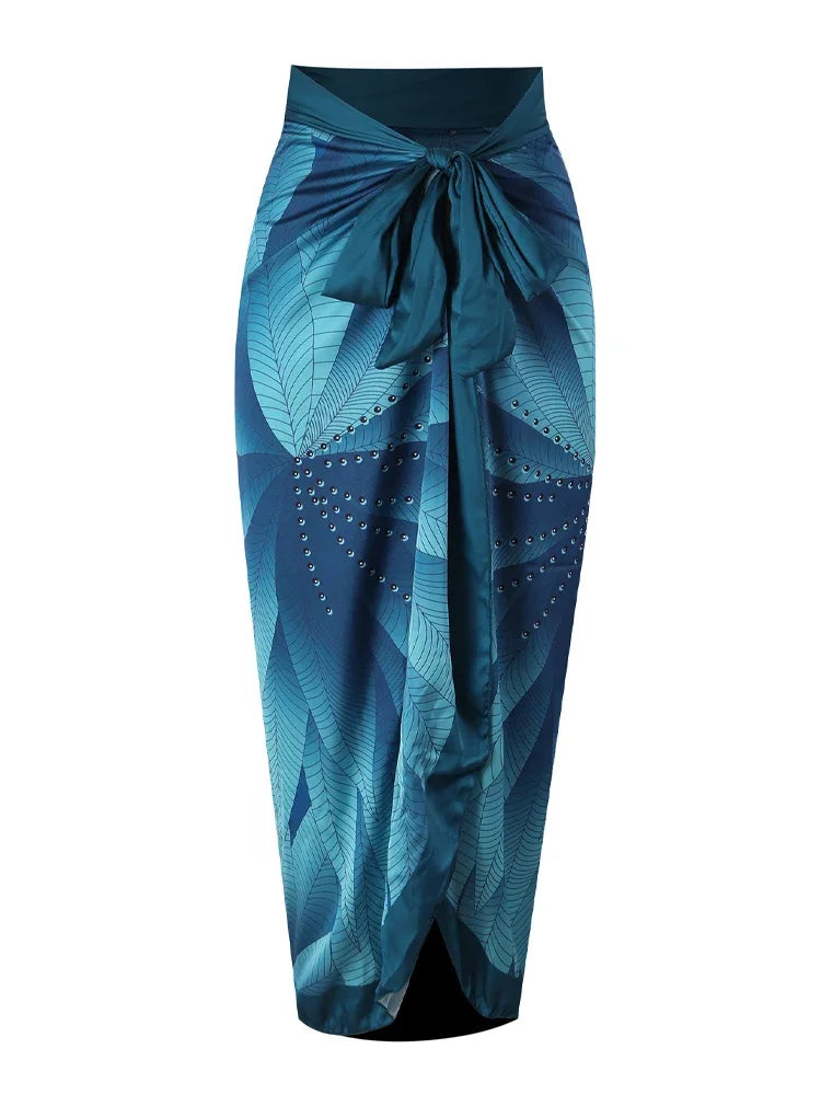 Elegant Blue Leaf Printed One Piece Swimsuit for Women - High Waisted Tummy Control Swimwear with Halter Neck | Perfect for Beach Vacations, Pool Parties & Summer Getaways