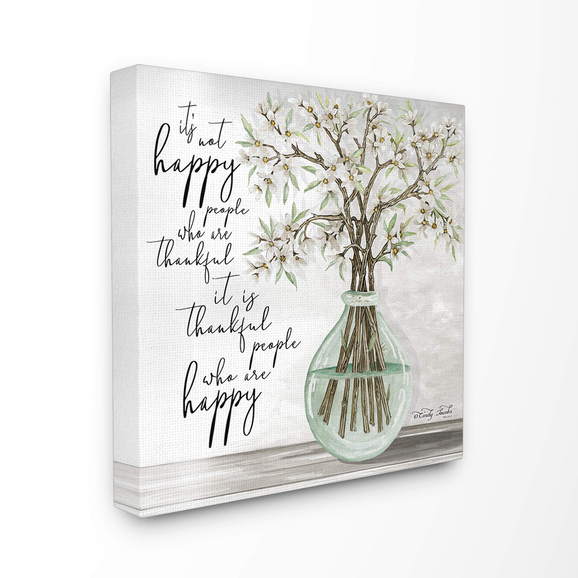 Stupell Industries Thankful People with Happy Flowers and Vase Illustration - 30x30 Multi-Color Canvas Wall Art for Living Room, Bedroom & Office Decor