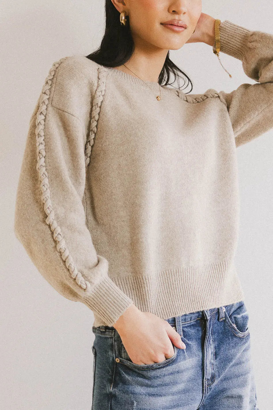Leony Braided Sweater in Oatmeal - Cozy Knit Pullover for Women | Perfect for Fall & Winter Layering, Casual Outings & Coffee Dates