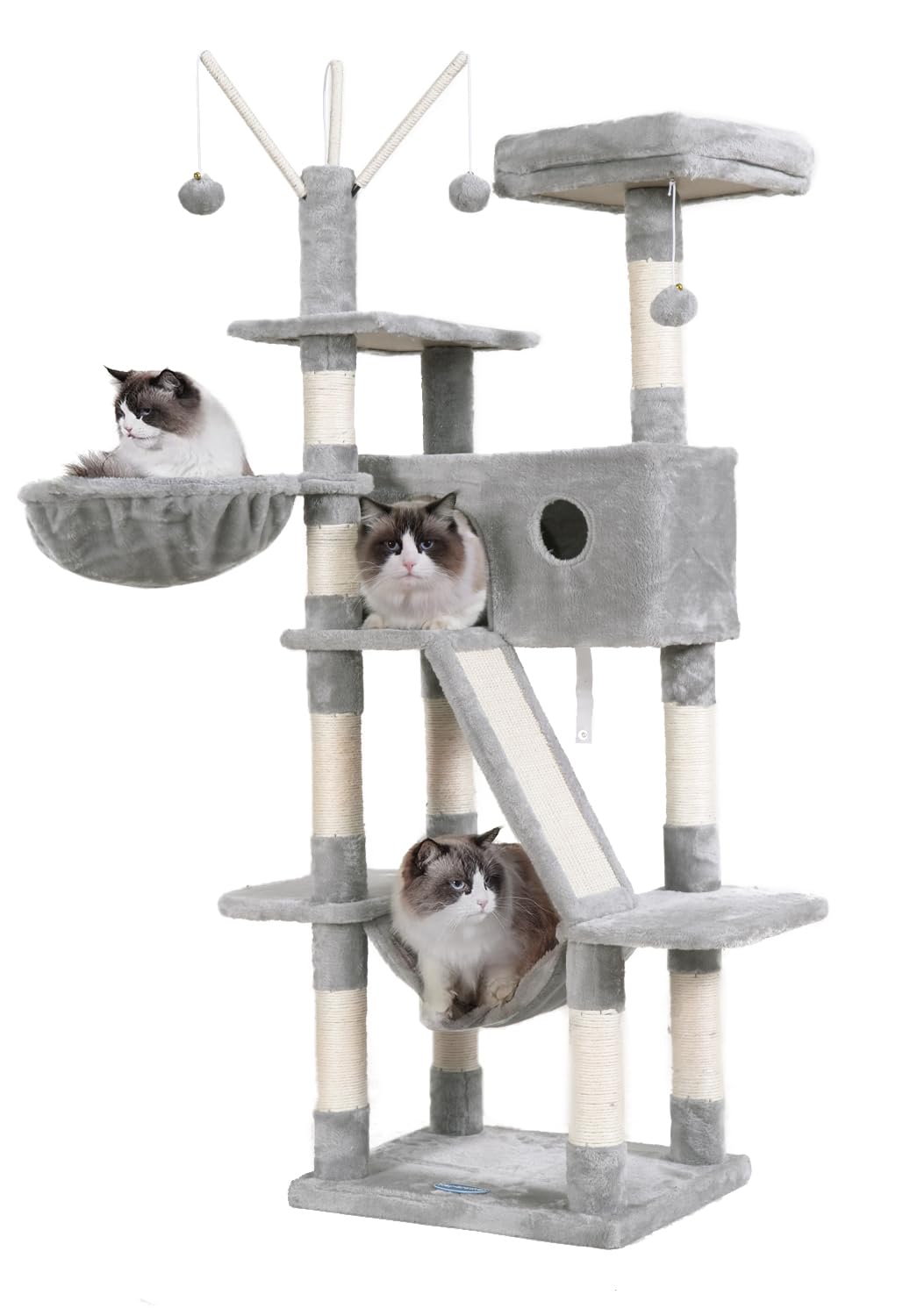 Hey-brother 61 Inch Cat Tree for Indoor Cats - Multi-Level Cat Tower with Padded Platform Bed, Cozy Condo, Hammocks & Sisal Scratching Posts - Light Gray MPJ019W | Perfect for Play, Rest & Scratching in Living Rooms & Bedrooms