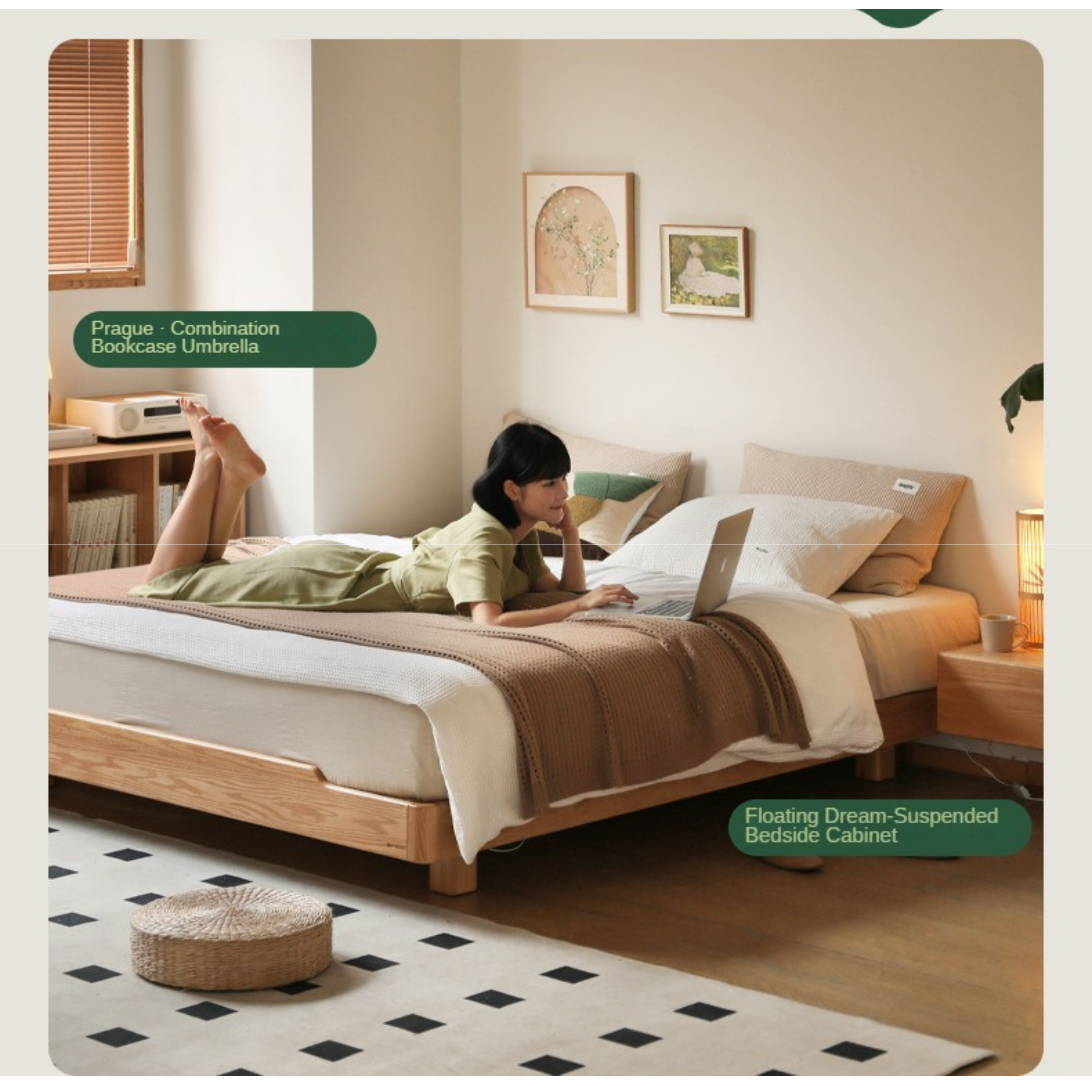 Solid Oak Wood Floating Platform Bed - No Headboard Modern Minimalist Bed Frame with LED Lights for Bedroom, Guest Room, or Studio Apartment