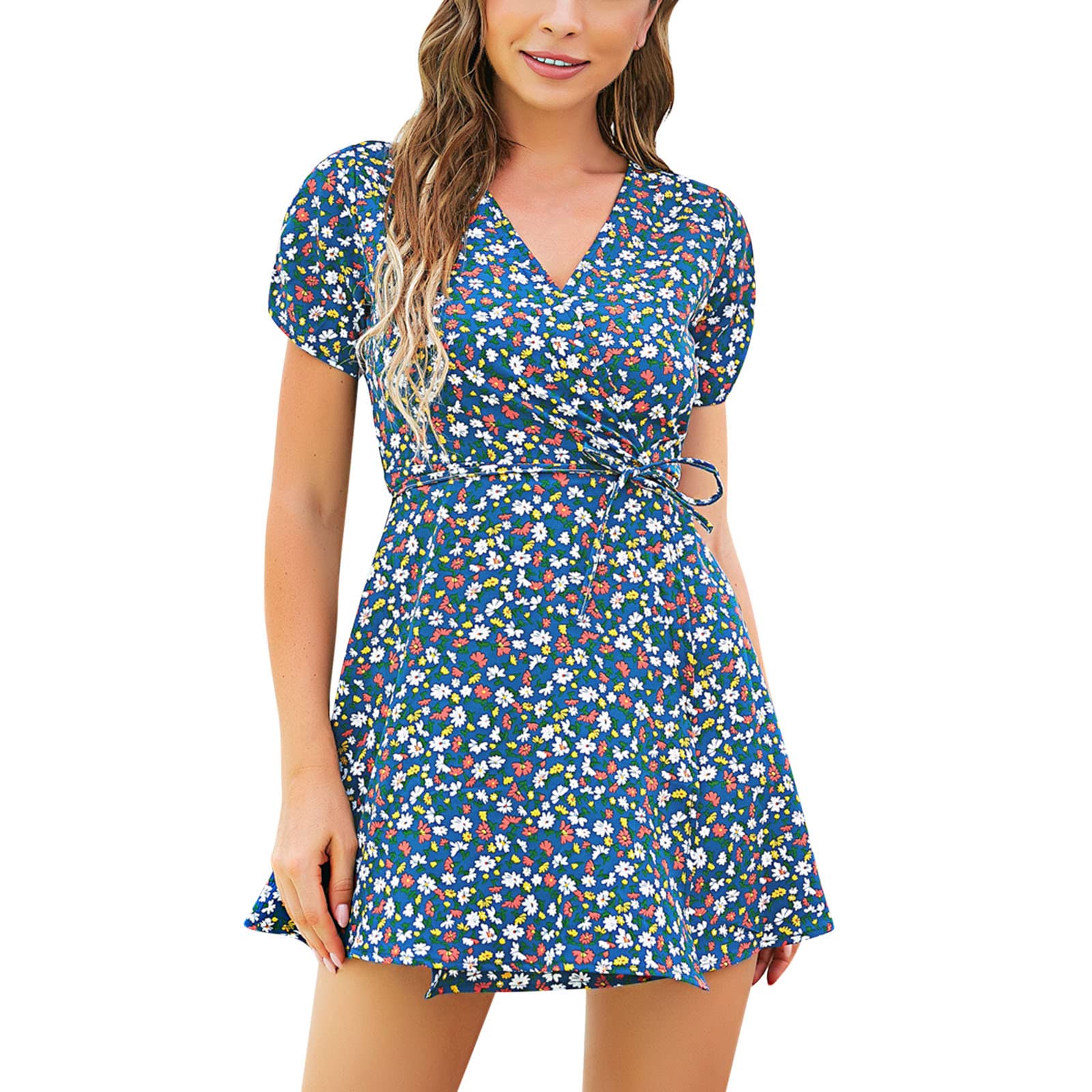Women's Floral Print Blue Kimono Dress - Sexy Summer Mini Dress with Short Sleeves for Elegant & Stylish Outfits | Perfect for Beach Parties, Date Nights & Summer Vacations