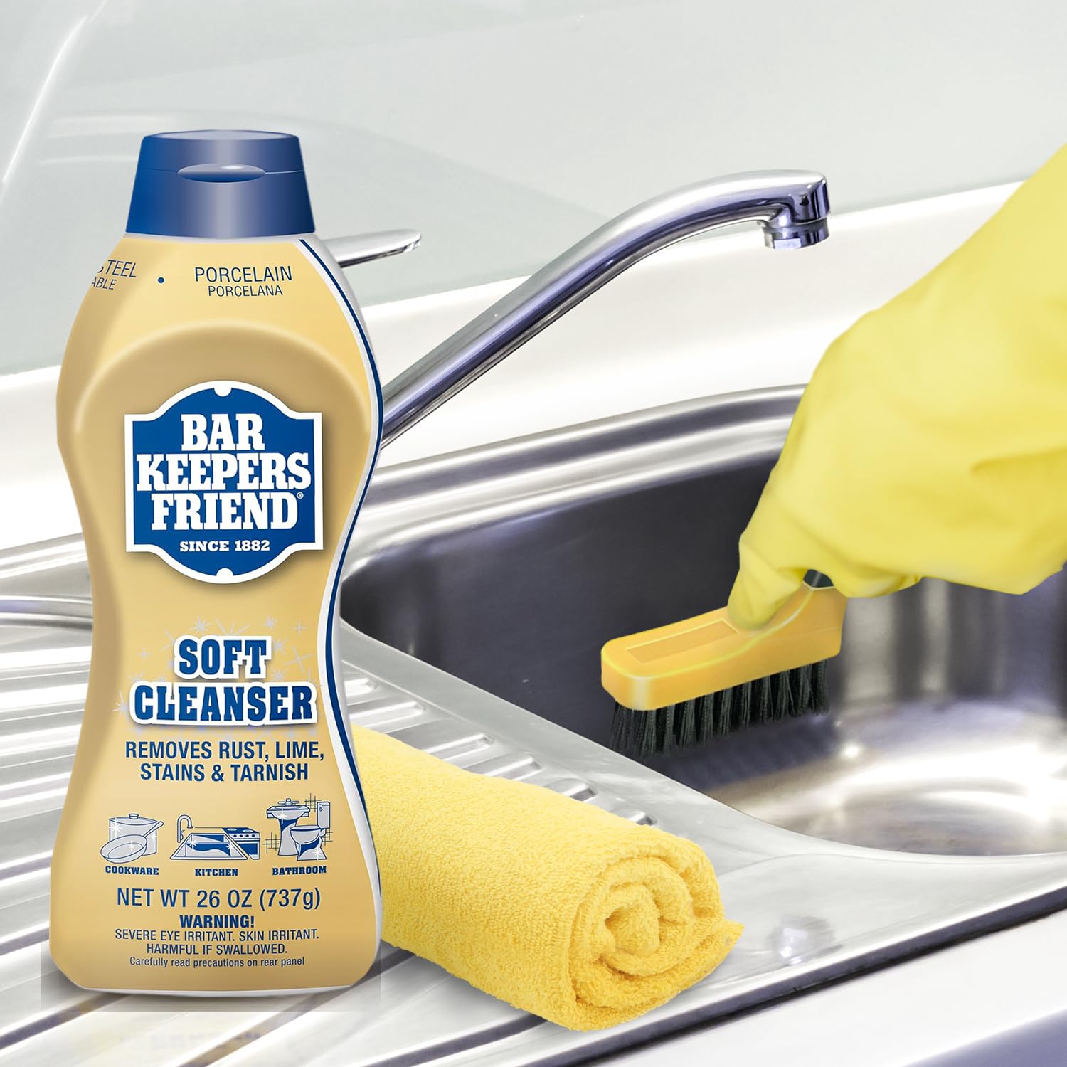 Plexon Barkeeper's Friend Soft Cleanser 26oz & Cleanser Powder 12oz - Multipurpose Kitchen & Bathroom Cleaner, Rust Stain Remover with Grout Brush & Microfiber Towel - Perfect for Stainless Steel, Sinks, Tiles & Cookware Cleaning