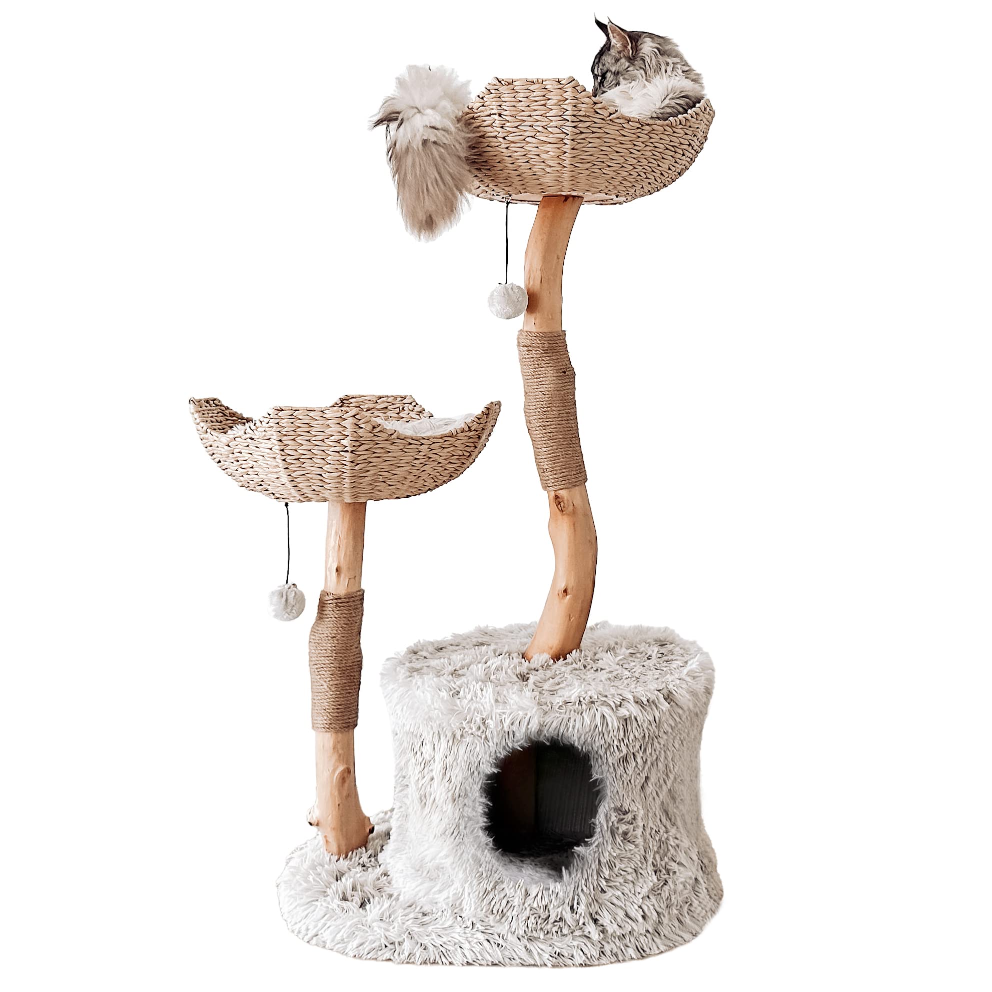 Premium MAU Modern Cat Tree Tower for Large Cats - Natural Wood Cat Condo with Real Branches, Multi-Level Scratching Post & Playhouse - Perfect Gift for Cat Lovers - Ideal for Indoor Cats in Apartments & Homes