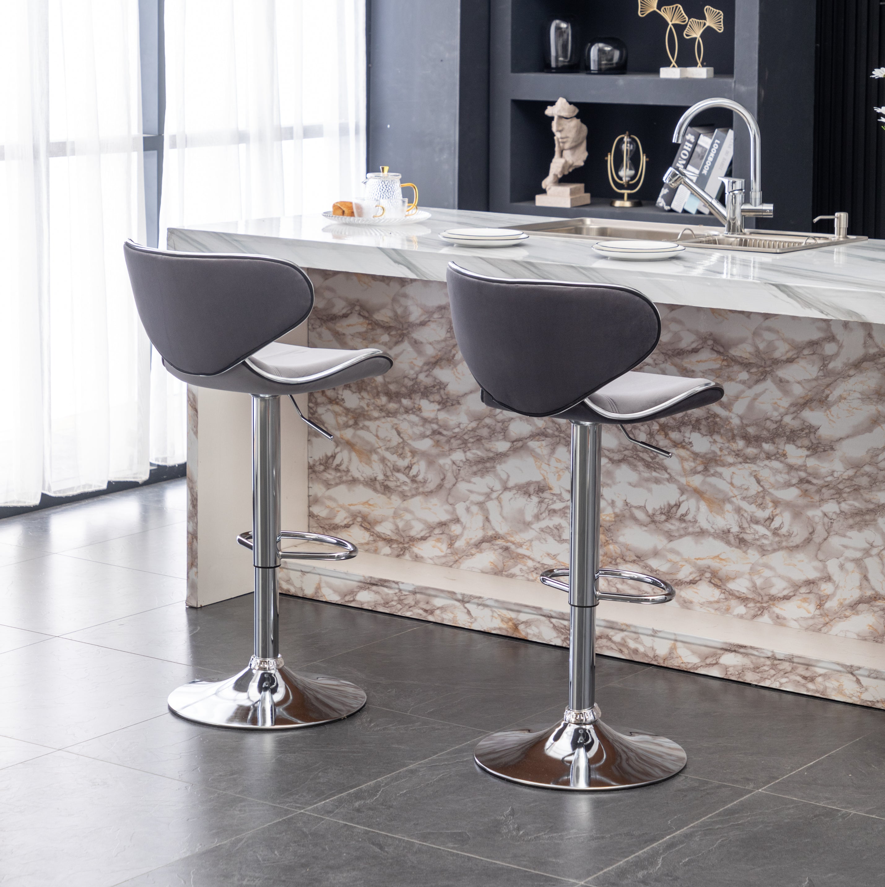 Roundhill Furniture Masaccio Velvet Upholstered Adjustable Swivel Bar Stool - Set of 2, Gray - Modern Kitchen Island & Home Bar Stools for Dining & Entertaining
