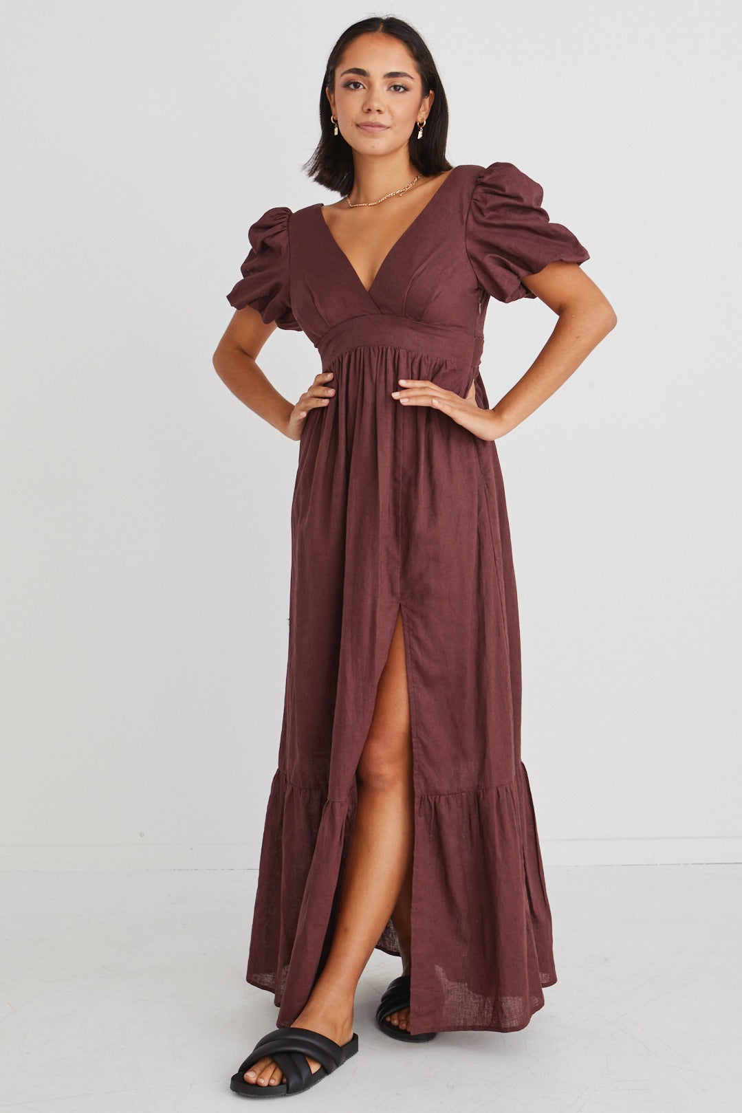 Ever After Raisin Linen Puff Sleeve Maxi Dress - Elegant Bohemian Summer Dress for Women, Beach Wedding & Vacation Outfit