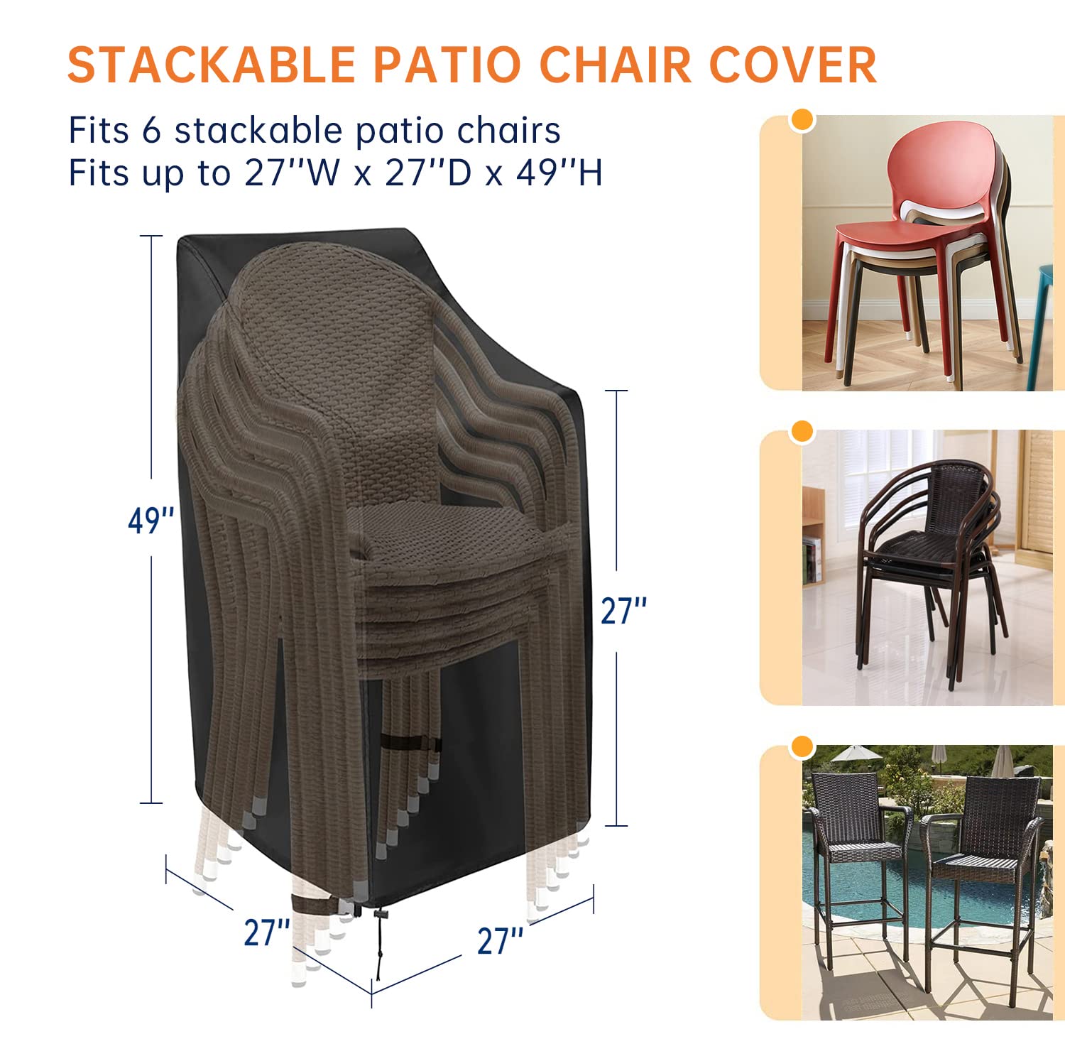 Heavy Duty 600D Waterproof Stackable Patio Chair Covers - High Back Outdoor Dining Chair Protectors for Lawn, Barstool & Garden Furniture (2 Pack, Fits 4-6 Chairs, 27