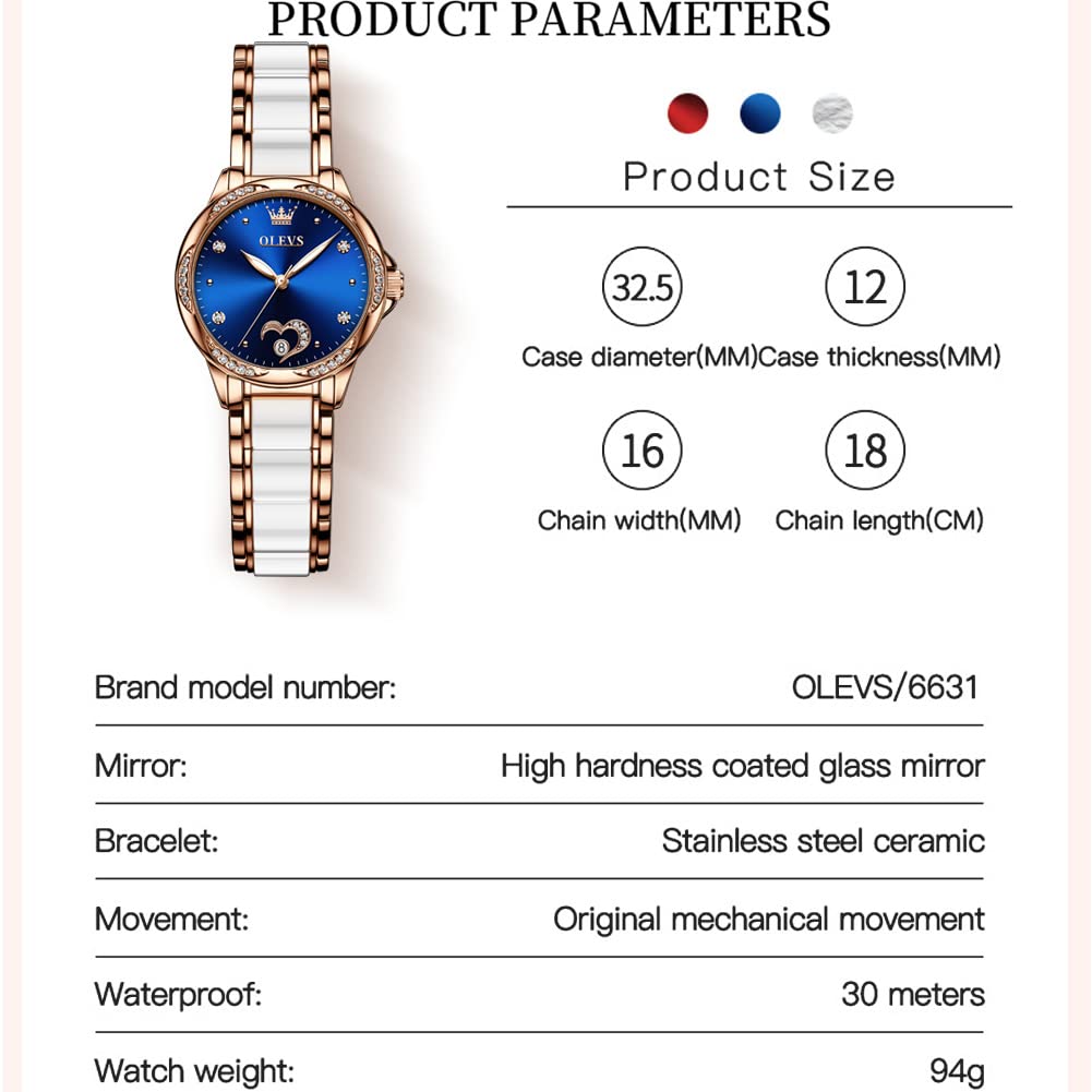 OLEVS Rose Gold Women's Automatic Watch with Two-Tone Stainless Steel & Ceramic Bracelet, Diamond-Accented Self-Winding Watch - Red/Blue/White Dial (No Battery Required) | Perfect for Business, Party & Everyday Wear