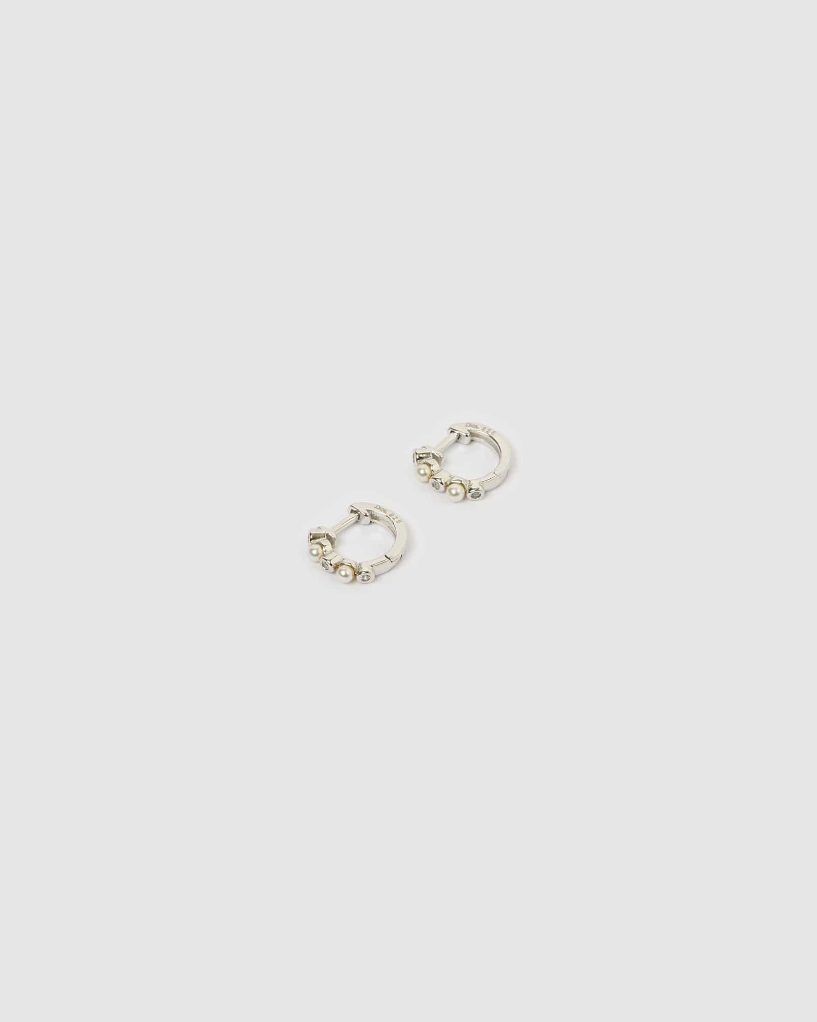 Izoa Candice Huggie Silver Pearl Earrings for Women - Elegant Pearl Hoop Earrings for Everyday Wear, Gift Giving & Special Occasions