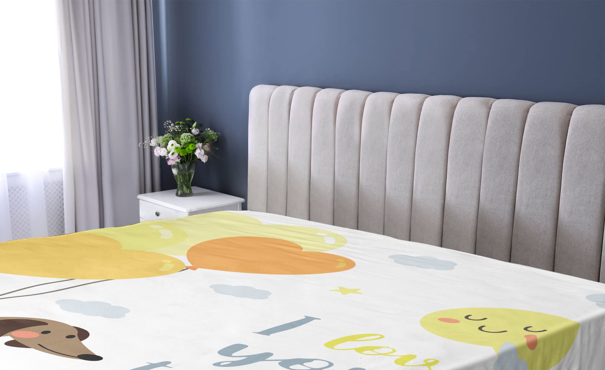 Ambesonne Dog Balloons Fitted Sheet, Twin Size - Blue Grey Yellow Cocoa for Cozy Bed Comfort