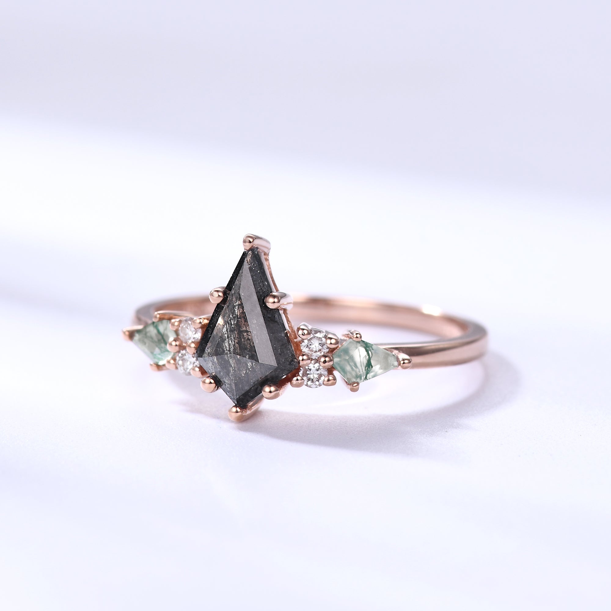 Vintage Kite-Shaped Salt and Pepper Diamond Engagement Ring with Moss Agate Cluster in Rose Gold | Unique Handcrafted Wedding Band for Brides, Promise Rings & Anniversary Gifts