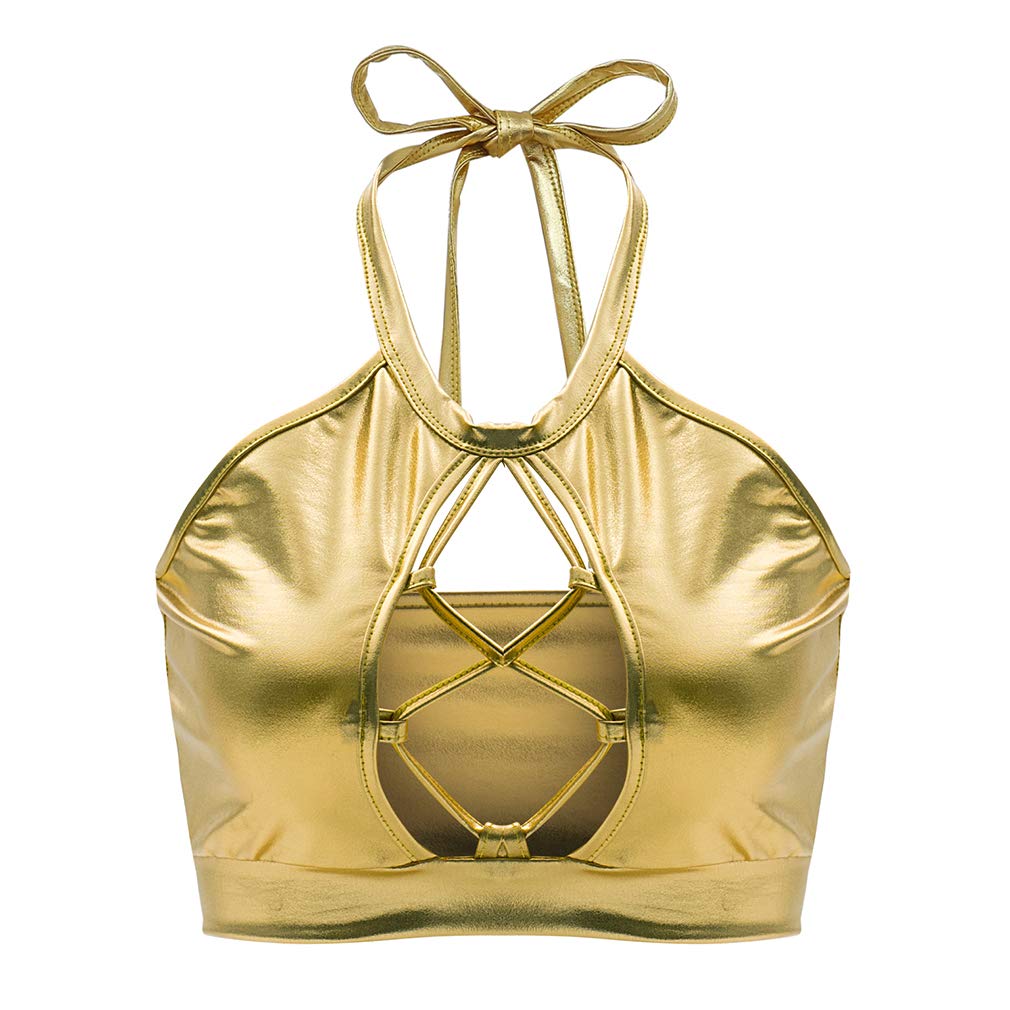 Women's Metallic Keyhole Cutout Backless Halter Rave Dance Crop Tube Top Bra - Sexy Clubwear for Parties, Festivals & Nightlife