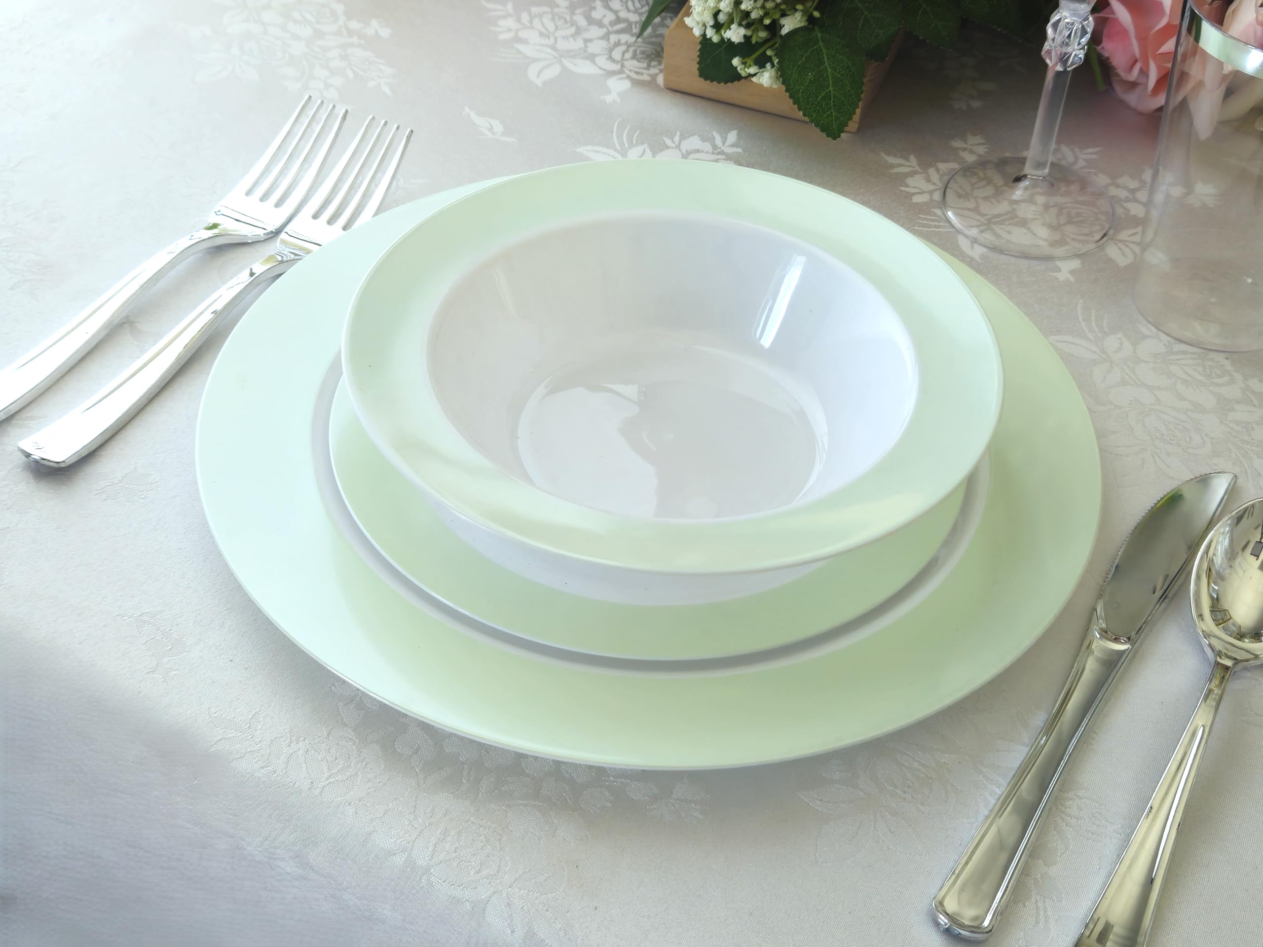 120-Piece Disposable Plastic Plates & Bowls Set - 12oz Soup Bowls for Weddings, Parties & Events (White & Pearled Green) - Perfect for Catering, Picnics & Family Gatherings