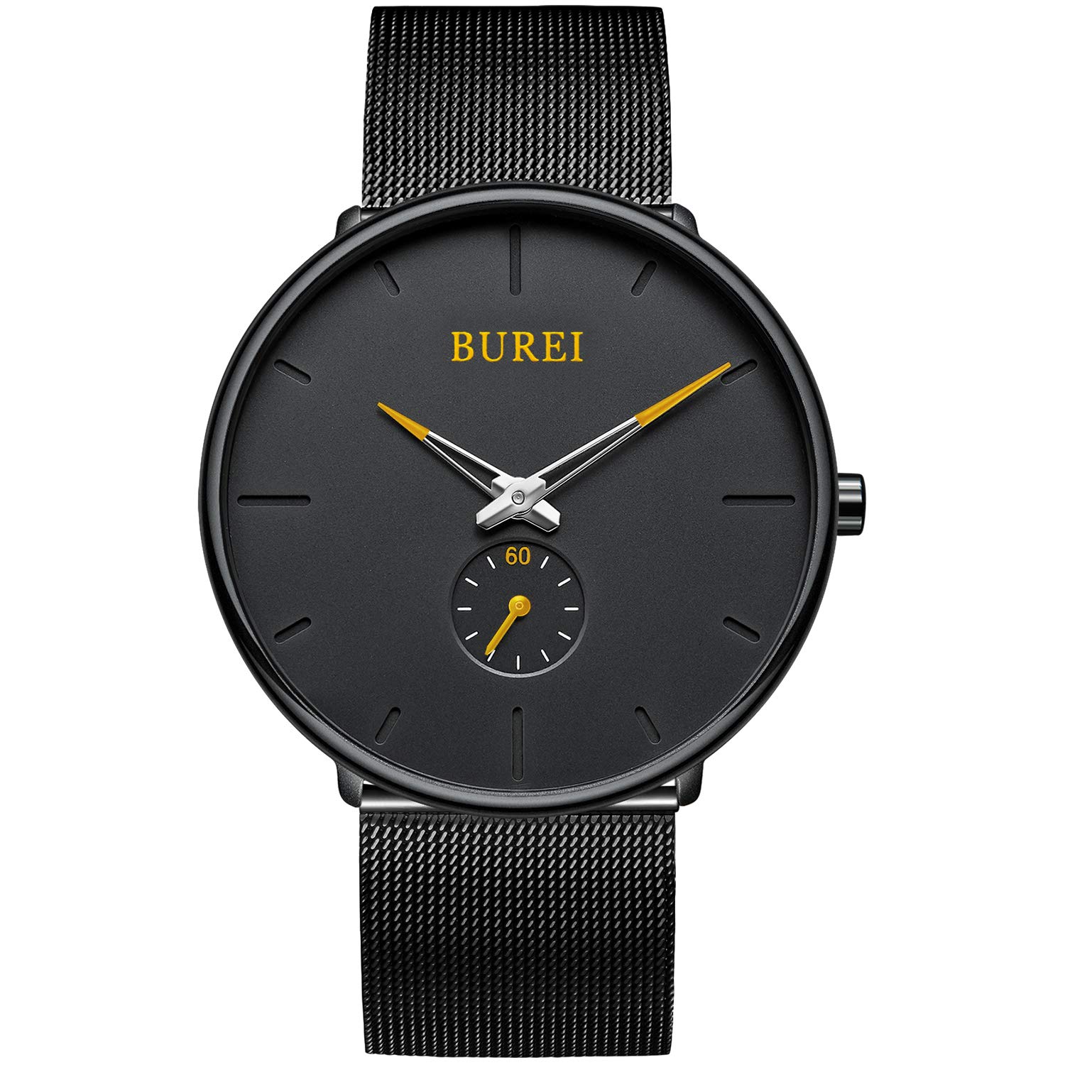 BUREI Men's Minimalist Slim Analog Quartz Watch with Black Dial and Stainless Steel Mesh Strap - Perfect for Business, Casual & Everyday Wear
