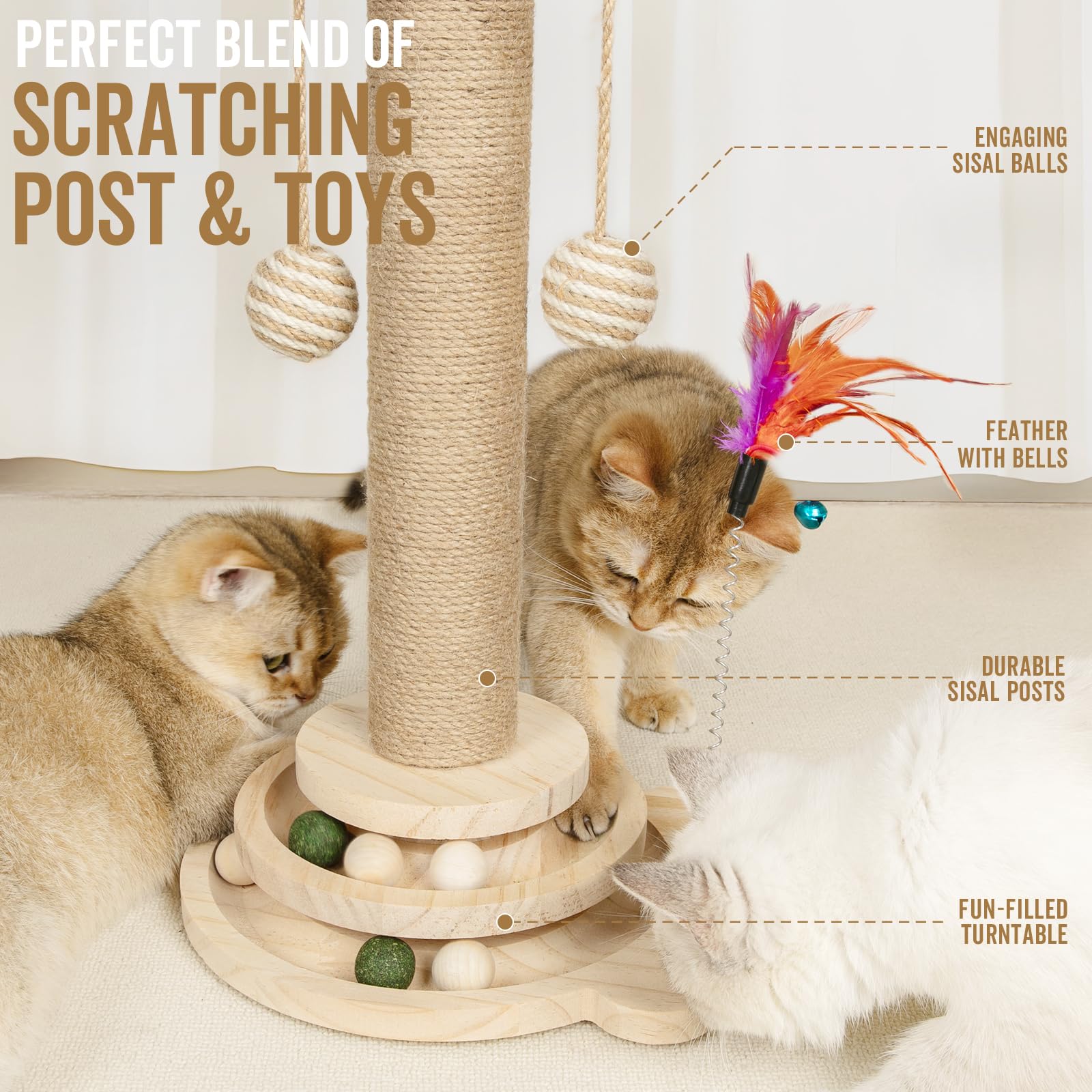 Premium Cat Scratching Post with Solid Wooden Base & Interactive Track Ball Toys - 45cm Tall Kitten Scratcher for Indoor Cats - Perfect for Playtime, Exercise & Furniture Protection