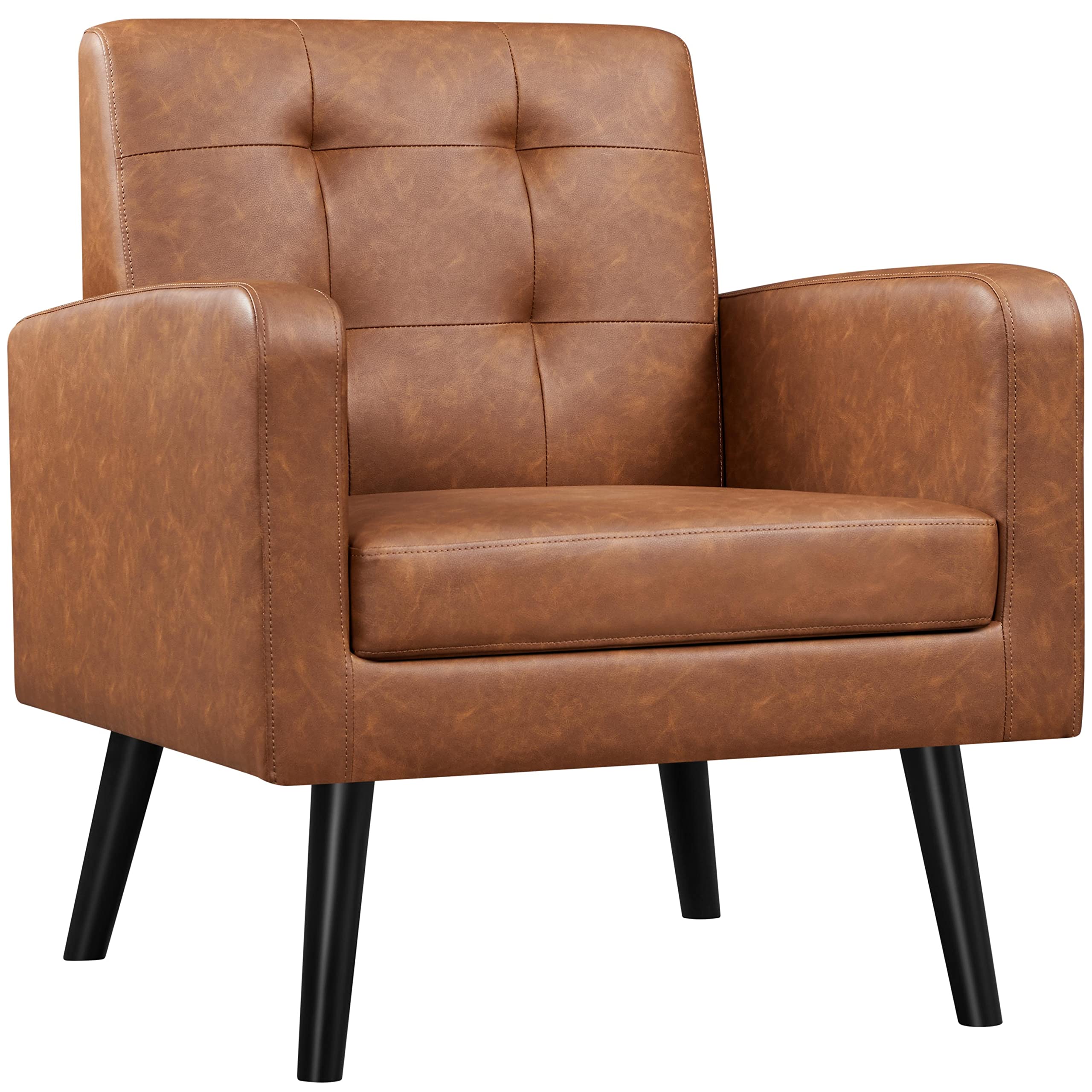Yaheetech Mid-Century Modern Accent Chair - PU Leather Upholstered Living Room Armchair with Button Tufted Back & Wooden Legs, Retro Brown - Perfect for Bedroom, Home Office, Cafe and Lounge Decor