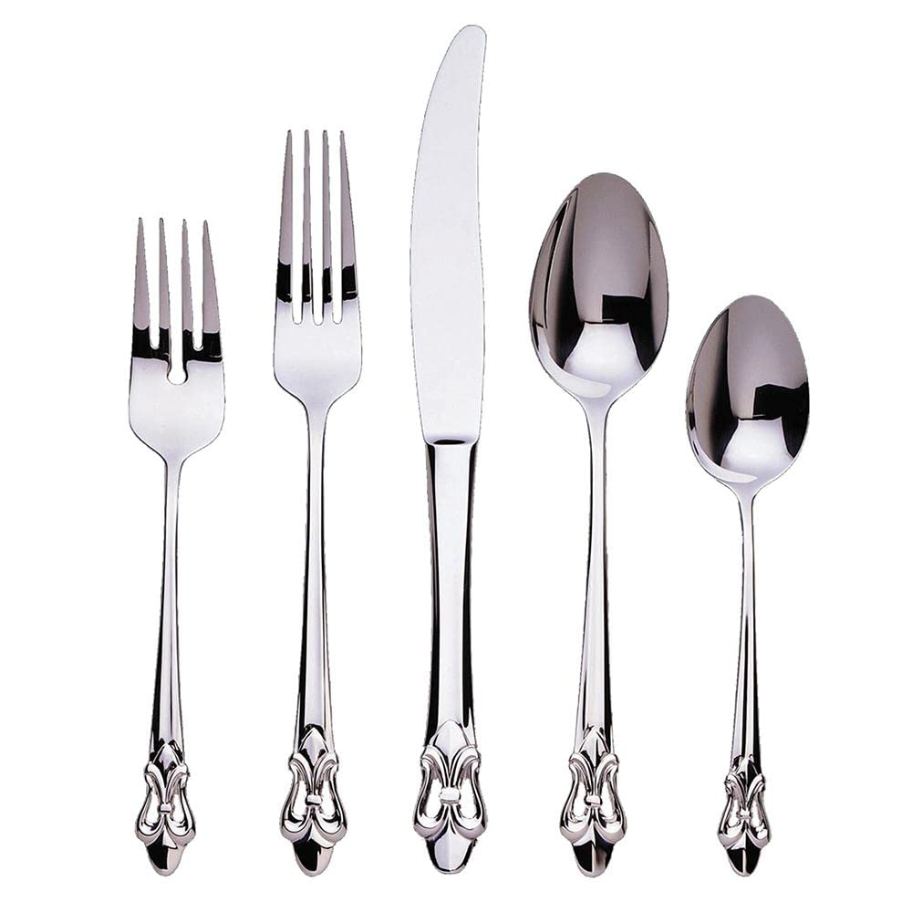 Premium 18/10 Stainless Steel Mirror Finish Flatware Set - 42 Piece Fleur de Lis Silverware Service for 8 with 2 Hostess Spoons - Elegant Dining Silver Cutlery for Formal Dinners, Weddings & Special Occasions