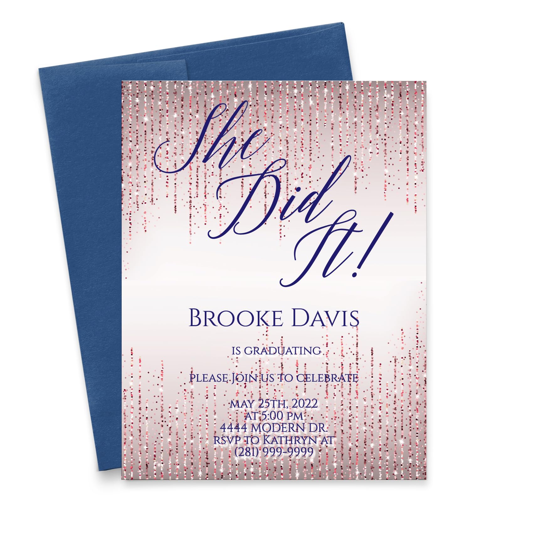 Elegant Rose Gold Graduation Party Invitations - Personalized 'She Did It' Graduation Cards for Girls | Custom Quantity & Envelope Color Options | Perfect for High School & College Grad Celebrations