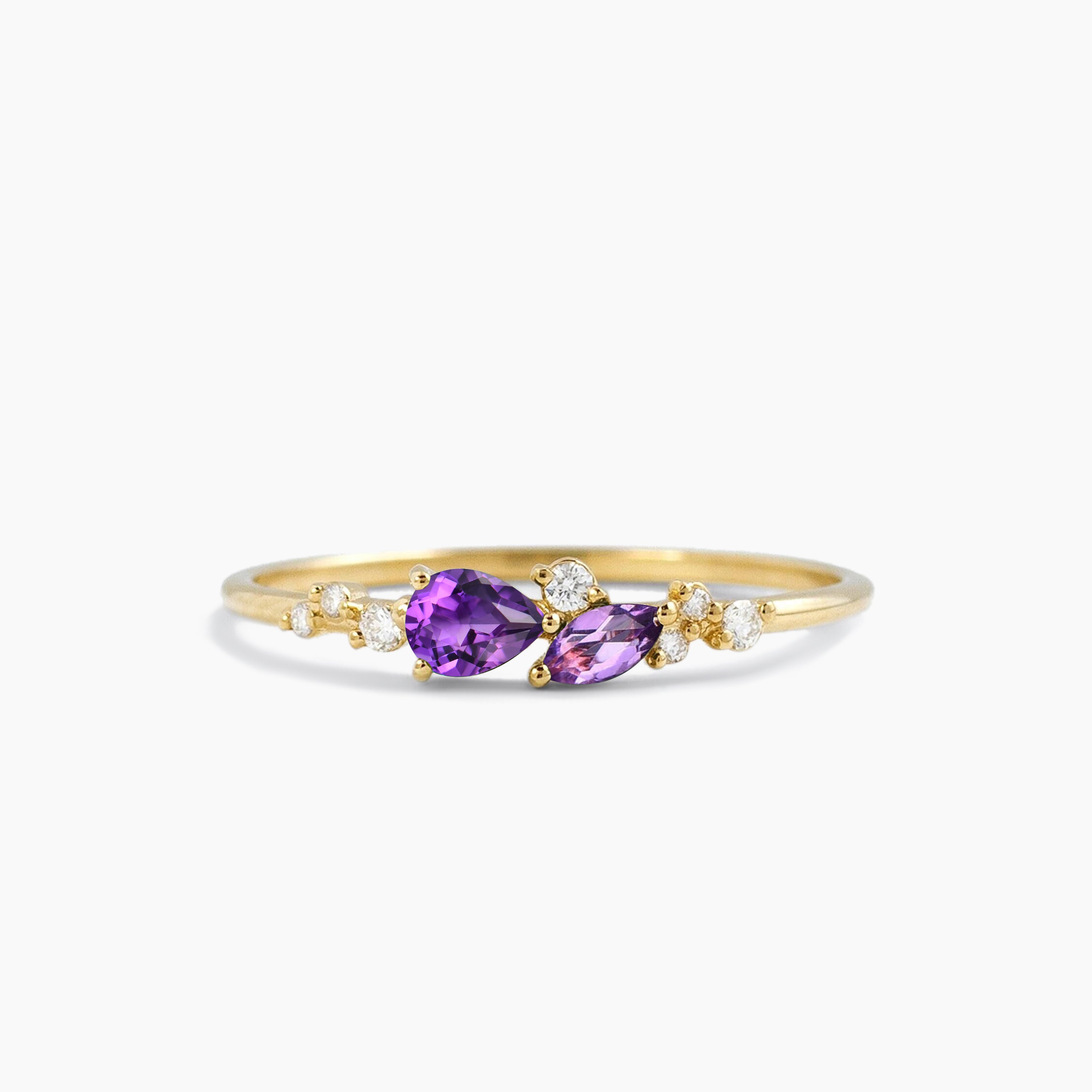 Pear Cut Natural Amethyst & Diamond Cluster Ring in 14K Yellow Gold | Elegant Jewelry for Women, Perfect for Weddings, Anniversaries & Special Occasions
