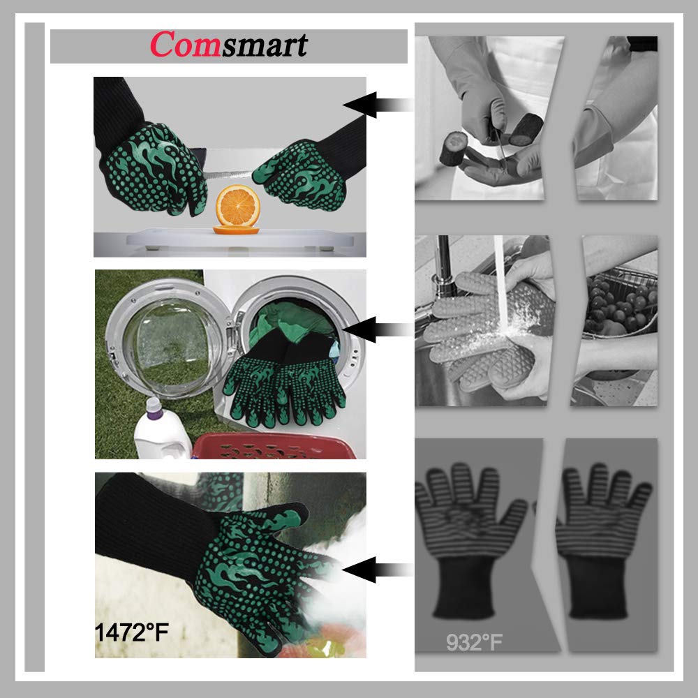 Comsmart Heat Resistant BBQ Gloves - 1472°F Silicone Oven Mitts for Grilling, Baking & Cooking | Non-Slip Kitchen Gloves for Barbecue, Meat Handling & Outdoor Cooking