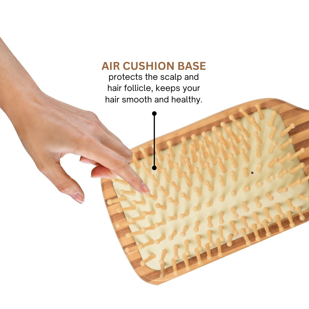 Bamboo Hair Brush with Soft Ball Tips & Cushion Base - Smooth Combing & Detangling - Reduces Frizz & Breakage - Ideal for Long Hair - Perfect for Daily Styling, Travel & Salon Use