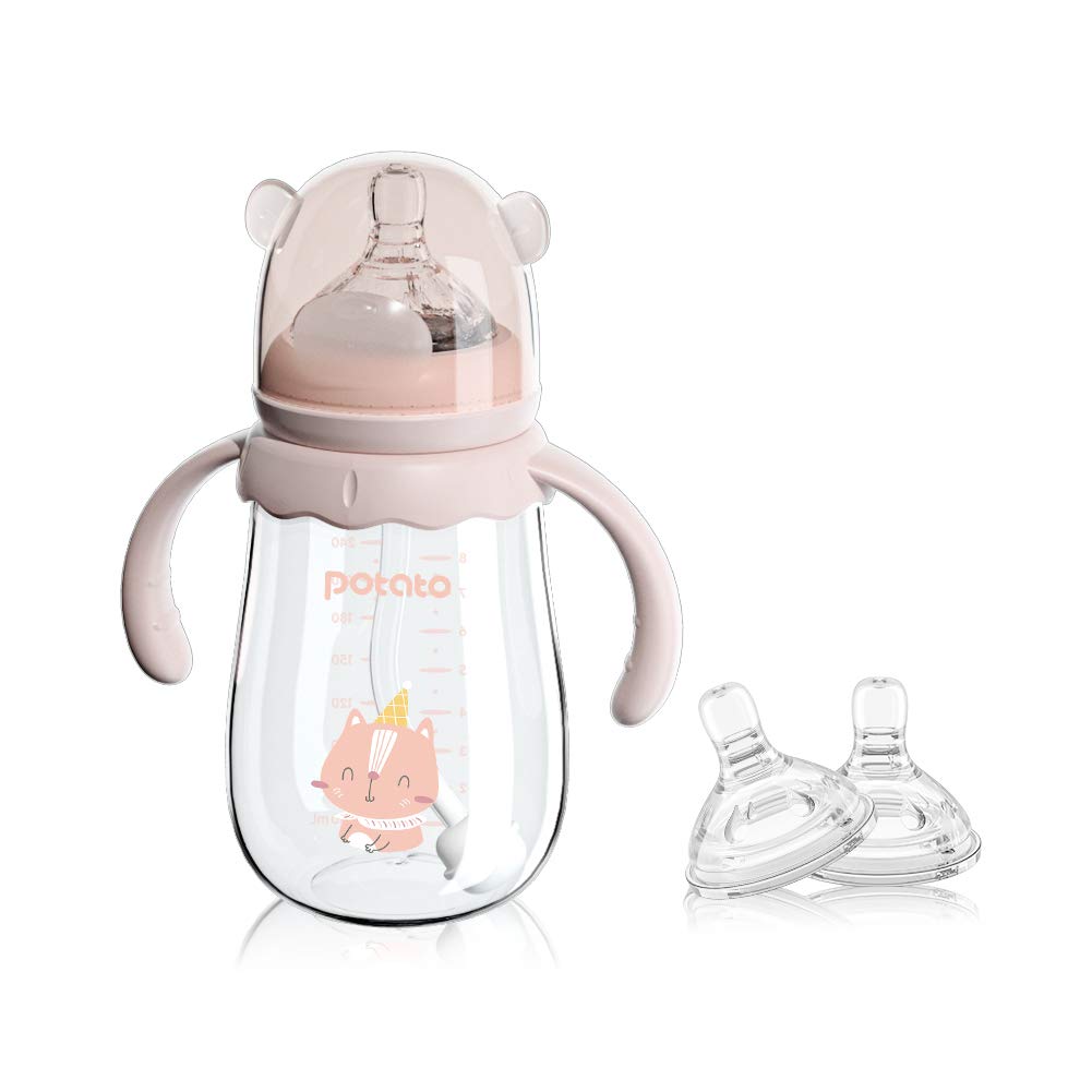 POTATO Glass Baby Bottles 8oz - Anti-Colic Breastfeeding Bottles with Fast Flow Nipple for Babies 6-12 Months - Includes 2 Replaceable Nipples - BPA-Free & Easy to Clean - Perfect for Daycare, Travel & Night Feeding (Pink)