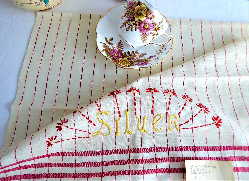 Vintage 1930s Handmade Embroidered Dish Towel - Premium Silver Tea Towel for Kitchen - USA Artisan Crafted Cotton Cloth - Perfect for Drying Dishes, Decorating Country Kitchen & Gift Giving