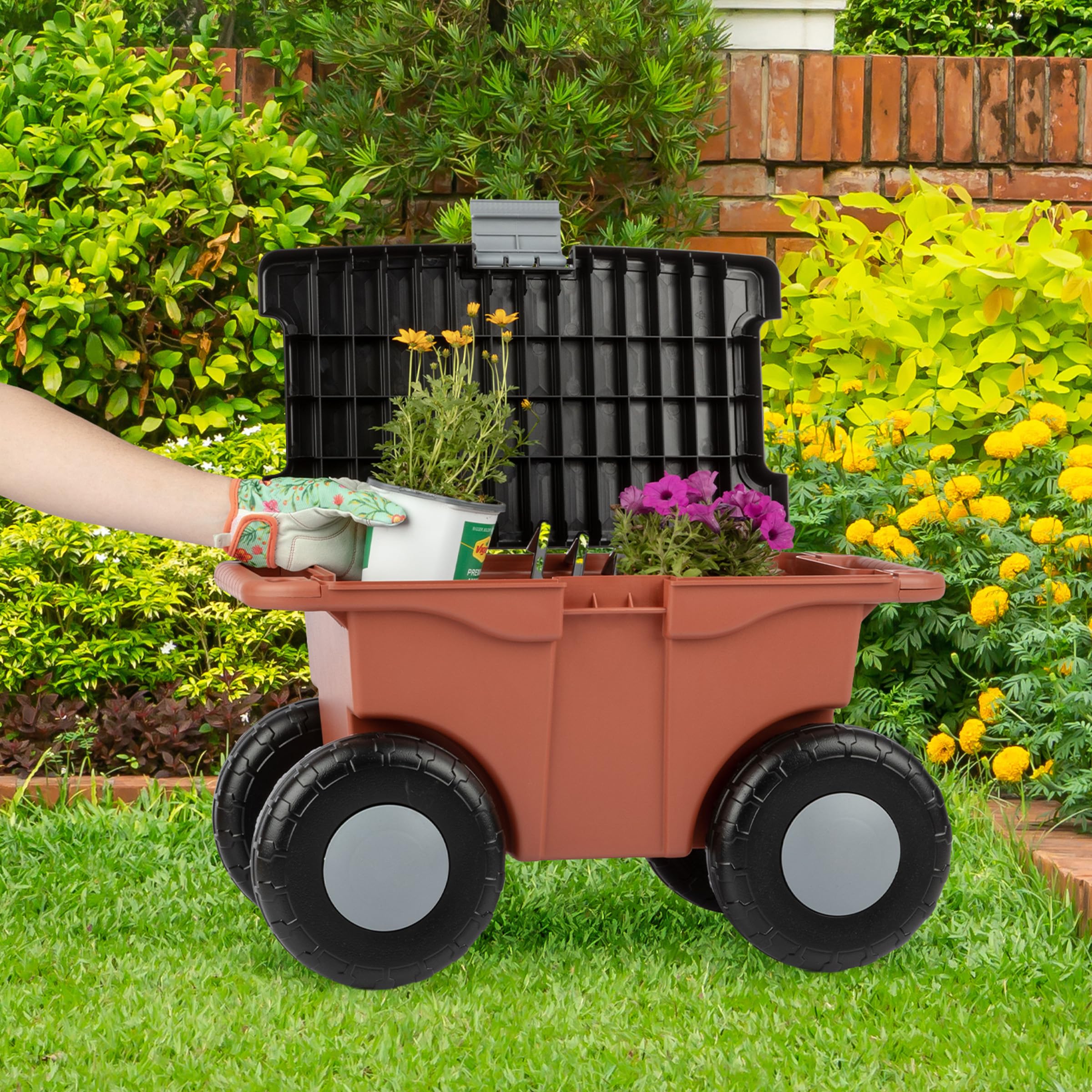 Pure Garden Rolling Garden Cart with Seat - Heavy Duty Plastic Storage Bench with Tool Tray - Gardening Stool for Weeding, Planting & Outdoor Work (Terracotta) - Perfect for Backyard, Patio & Greenhouse Use