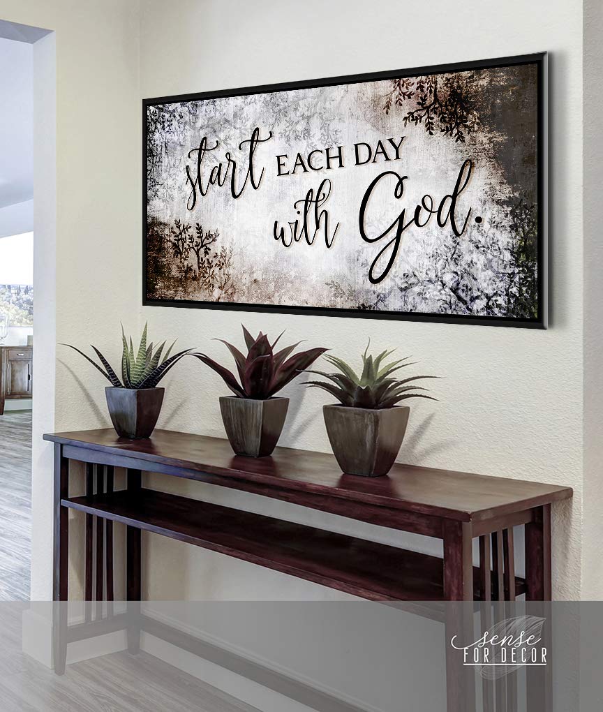 Start Each Day With God | Inspirational & Religious Wall Decor | Positive Quotes & Spiritual Room Decor | Brown & Black Floating Frame 42x19 | Perfect for Bedroom, Living Room & Prayer Space