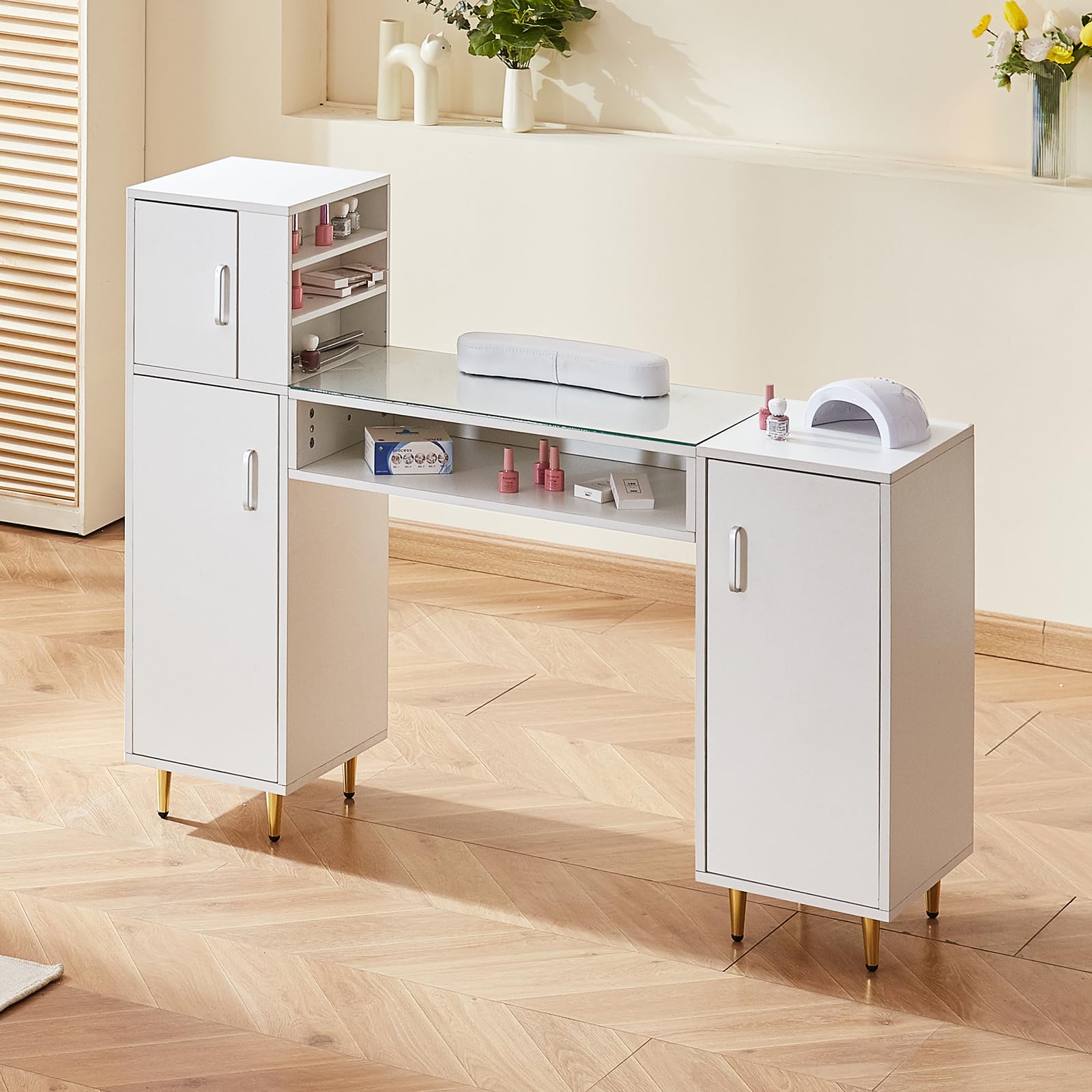 VEVOR Professional Manicure Table with Glass Top & Storage Cabinets - Acetone-Resistant Nail Tech Desk for Salon & Spa - Includes Wrist Rest & 8 Metal Legs (White) - Perfect for Nail Artists, Beauty Technicians & Home Salon Setup