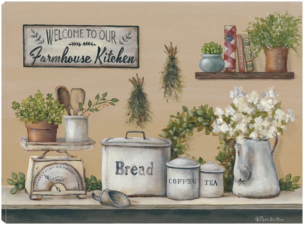 Farmhouse Kitchen Fine Art Canvas Wall Decor by Artist Pam Britton - Ready to Hang 32x24 Inches - Perfect for Living Room, Bedroom, Bathroom, Kitchen, Office, Bar, Dining & Guest Room - Ideal for Rustic, Vintage & Country Style Home Decor