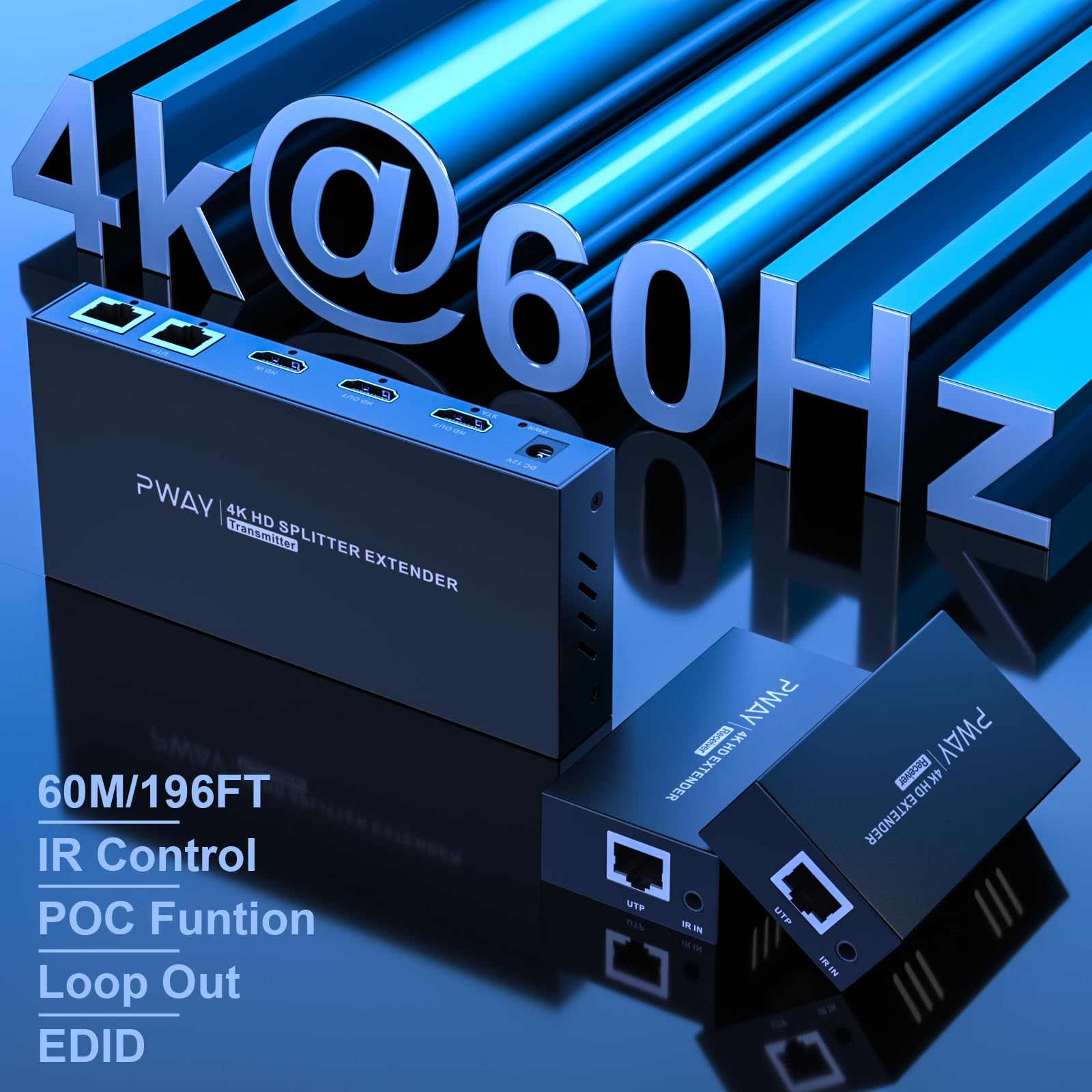 4K HDMI Extender Splitter 1x2 - 60Hz up to 196ft (60m) via CAT5/CAT6/CAT7 Cable with IR Power Switch & EDID - Perfect for Home Theater, Gaming, and Conference Room AV Setup