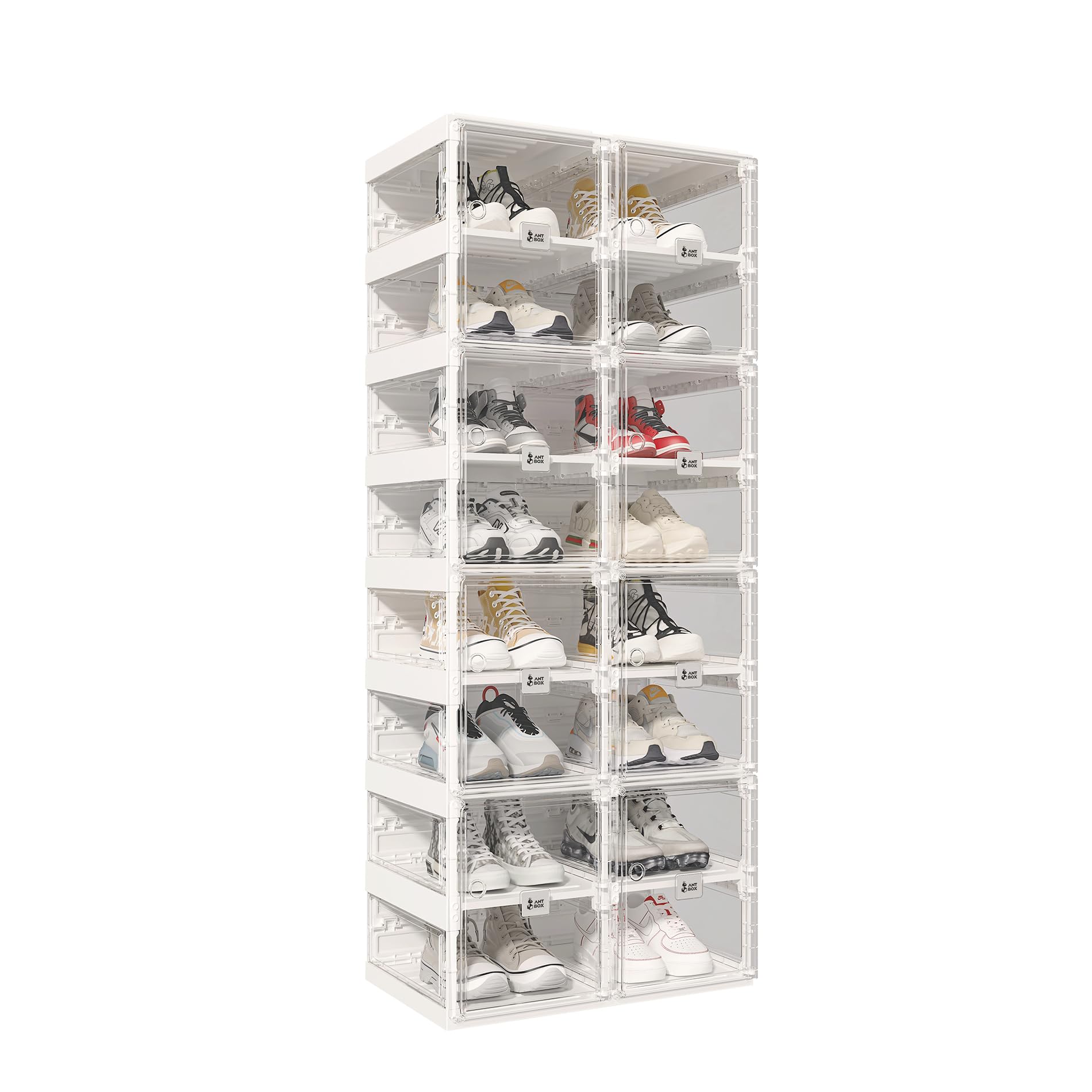 Foldable Shoe Rack - 16 Pair Stackable Shoe Storage Organizer with Magnetic Clear Door | Space Saving Plastic Shoe Cabinet for Closet, Entryway & Bedroom | Sturdy 8-Tier Sneaker Storage Bins for Men & Women