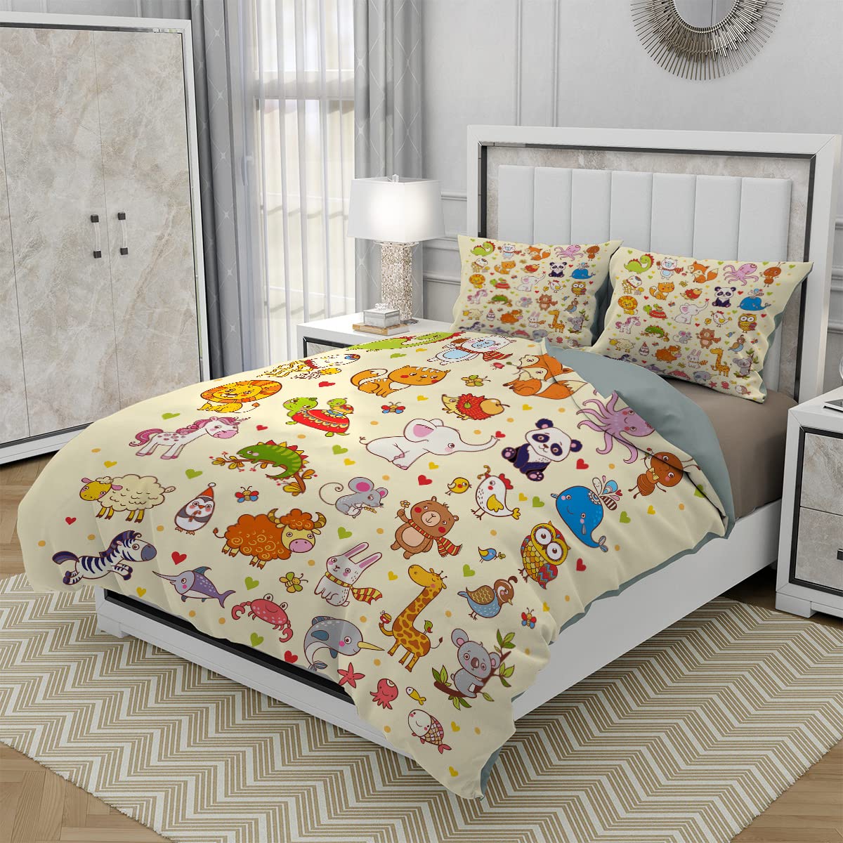 Cute Animals Duvet Cover Set Twin Size - Cartoon Dinosaur Fox Unicorn Cat Owl 3-Piece Soft Microfiber Bedding Set for Kids, Boys & Teens | Perfect for Bedroom Decor, Sleepovers and Cozy Nights | Includes Duvet Cover + 2 Pillowcases