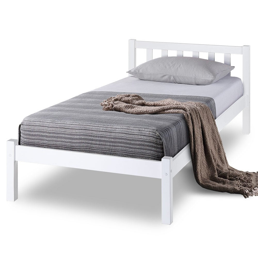 White Wooden Pine Single Bed Frame for Kids - Sturdy & Safe Children's Bedroom Furniture for Toddlers & Teens - Perfect for Small Spaces, Guest Rooms & Sleepovers