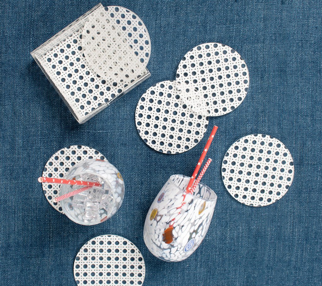 White Reed Coasters Set of 6 with Caddy - Natural Rattan Drink Coasters for Coffee Table, Dining Table & Home Decor