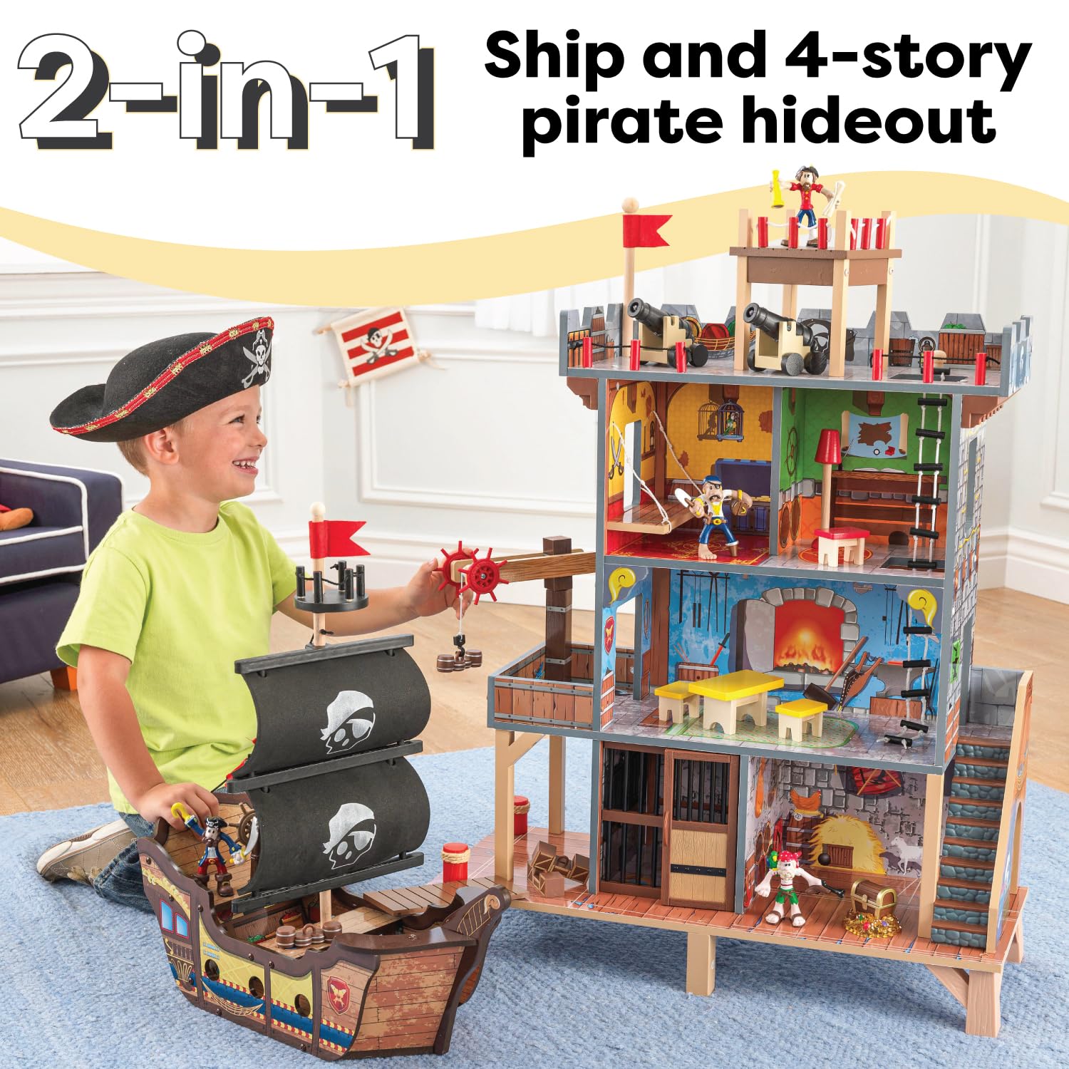 KidKraft Pirate's Cove Wooden Ship Play Set with Lights & Sounds - 17-Piece Pirate Toy Accessories - Best Gift for Boys & Girls Ages 3+ - Imaginative Play for Kids' Bedroom, Playroom & Outdoor Adventures