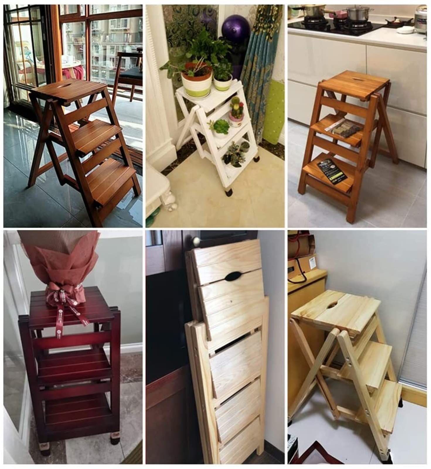 Solid Wood Stepladder - Multifunctional 3-Step Folding Ladder Chair for Home, Kitchen & Garage | Cherry Color | Sturdy & Space-Saving Step Stool for Indoor Use