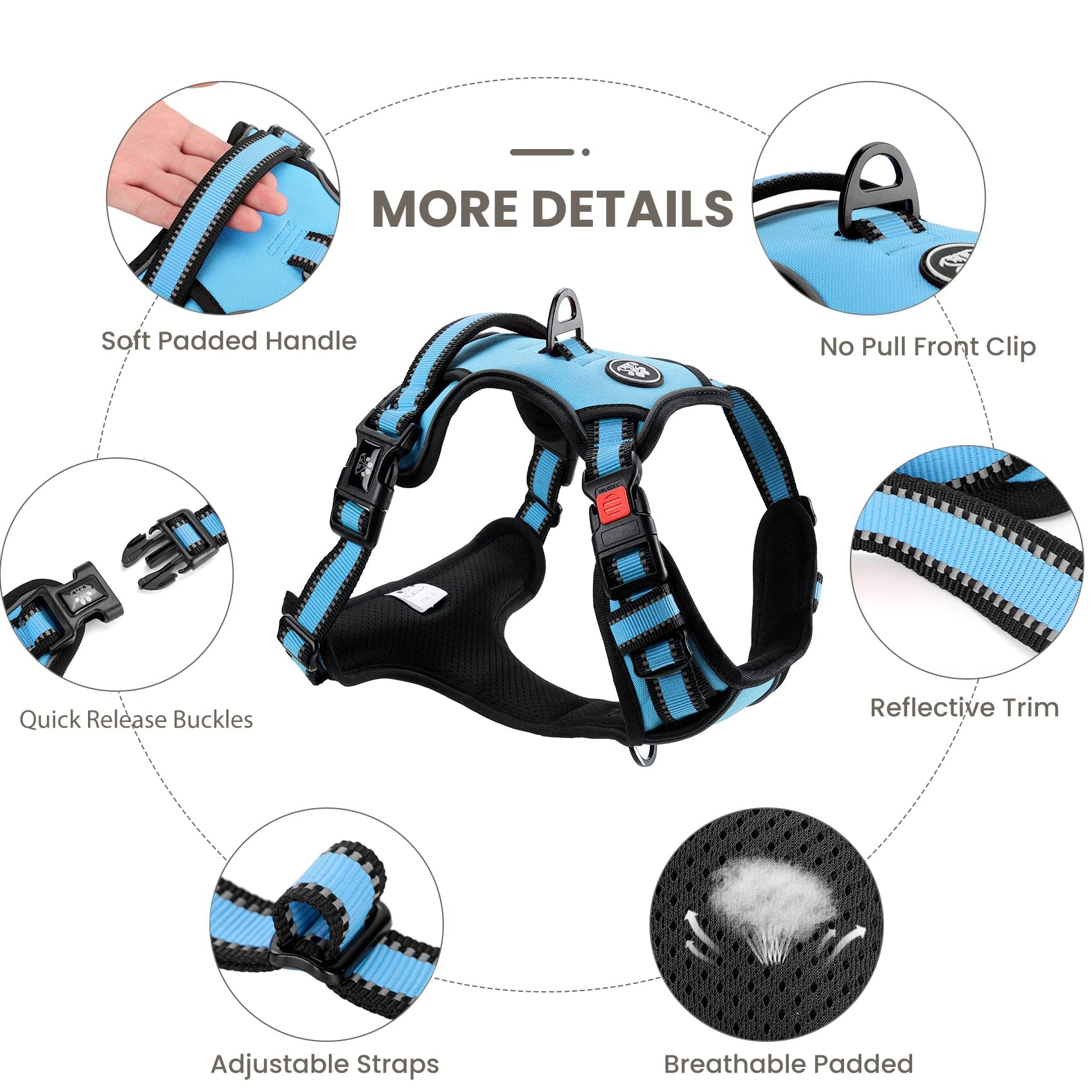 FURRYFECTION No Pull Dog Harness - Reflective Oxford Vest with Padded Handle & 4 Adjustable Straps for Small Medium Large Dogs - 2 Leash Clips, Choke-Free Design (Blue, XL) - Perfect for Walking, Running & Outdoor Adventures