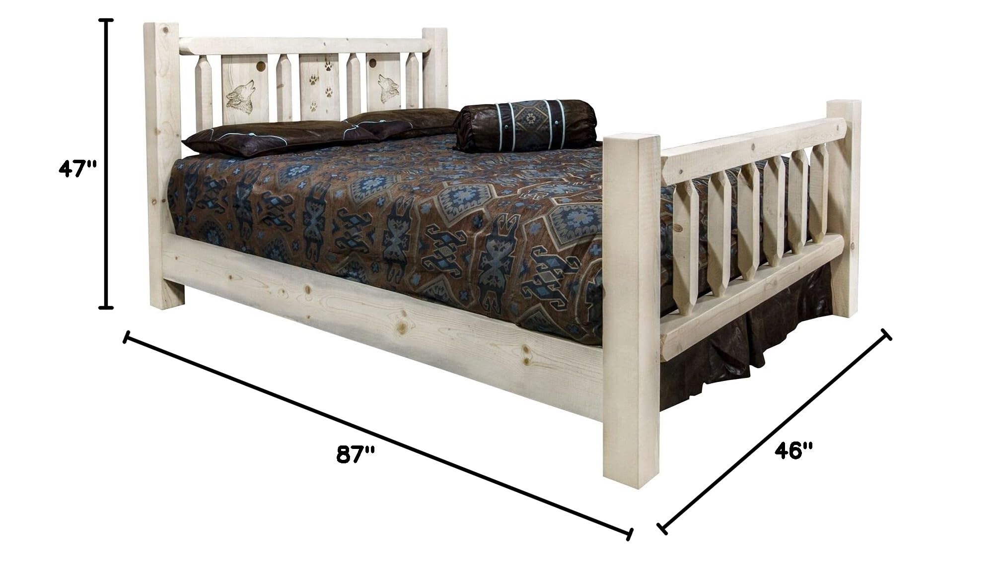 Montana Woodworks Homestead Collection Twin Bed with Laser Engraved Wolf Design - Solid Wood Frame, Clear Lacquer Finish for Kids Room, Guest Bedroom & Cabin Decor