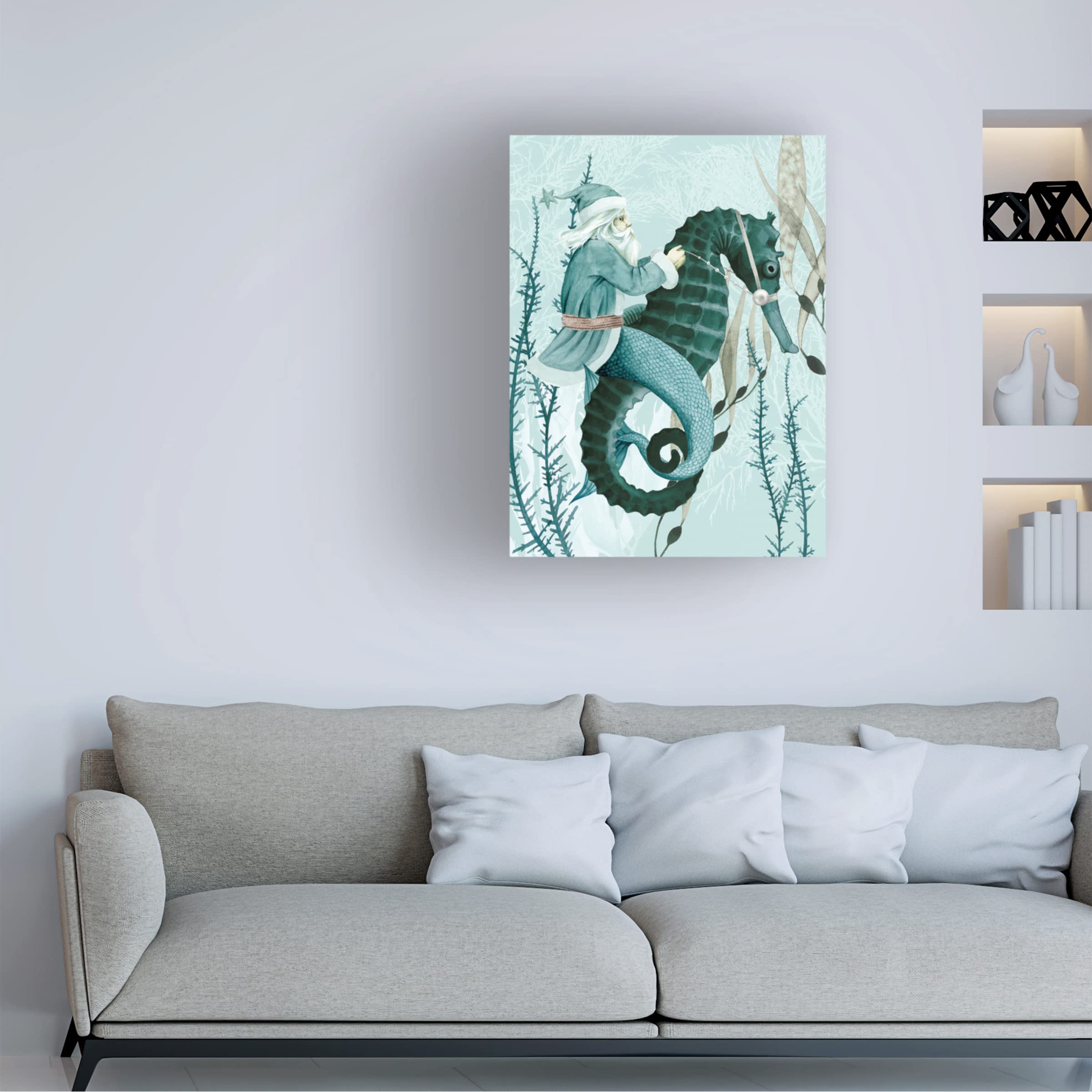 Grace Popp 'The Sea Santa I' Canvas Wall Art Print - Coastal Christmas Decor, Beach House Holiday Gift, Nautical Themed Living Room Painting