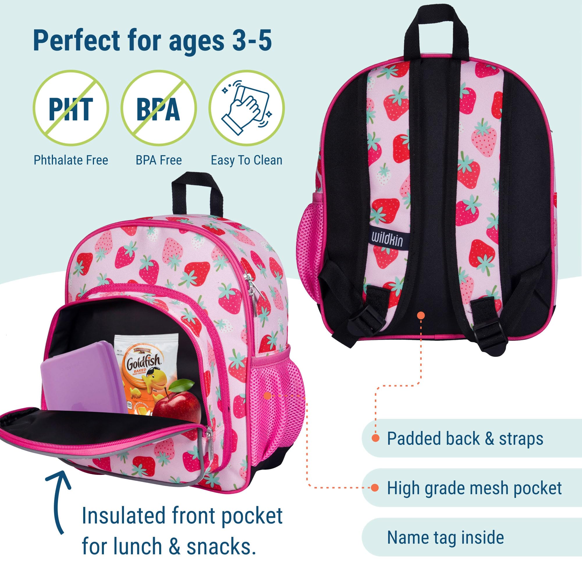 Wildkin 12-inch Kids Backpack for Boys & Girls - Padded Adjustable Shoulder Straps, Lightweight School Bag for Daycare, Preschool & Travel - Durable Strawberry Patch Design - Perfect for School, Outings & Daily Use
