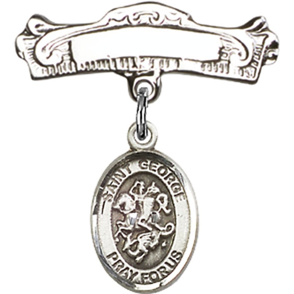 Sterling Silver Baby Badge with St. George Charm - 7/8 X 7/8 Inch Arched Polished Pin - Perfect for Christening, Baptism & First Communion Gifts