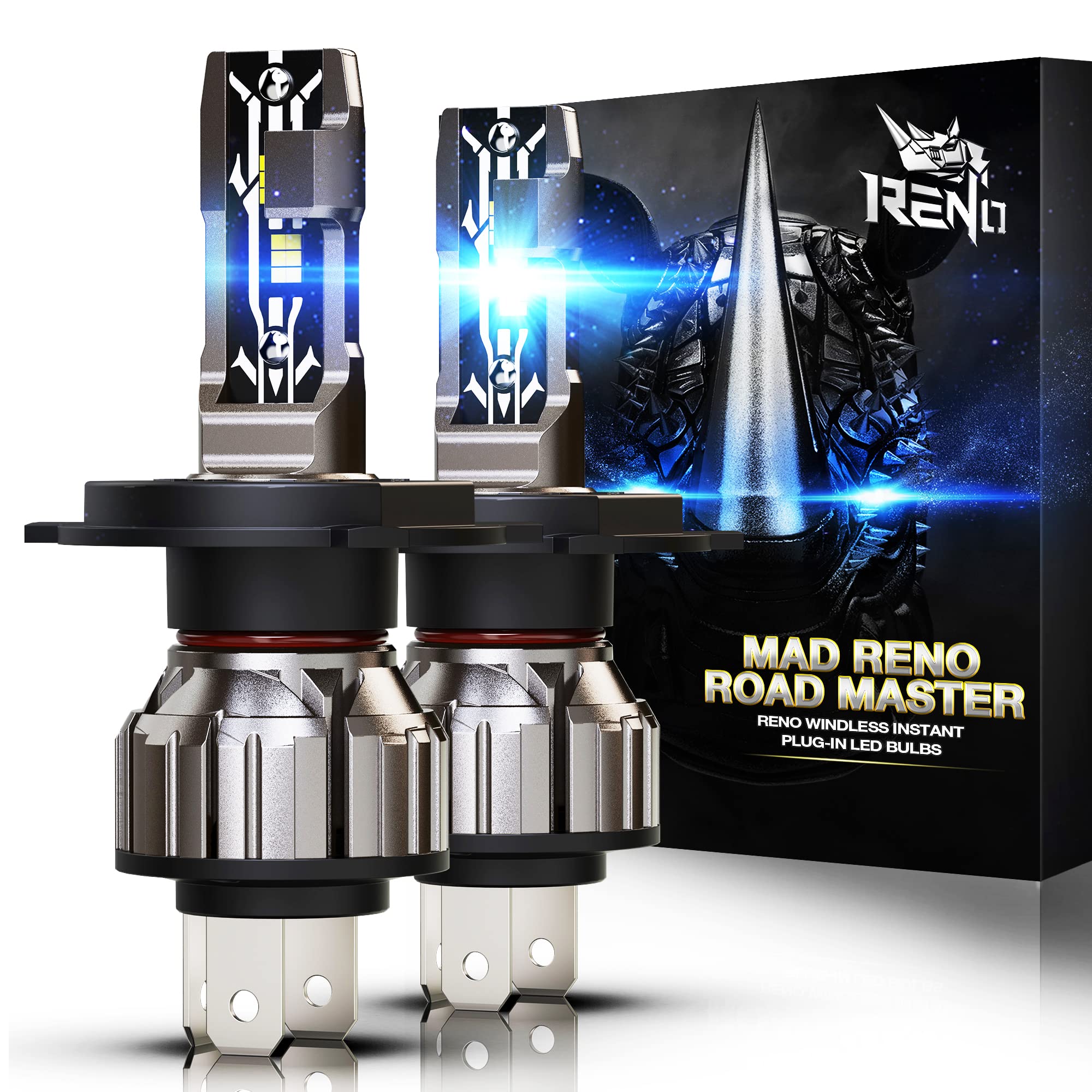 RENO H4 LED Headlight Bulbs 9003/HB2 12000LM 6000K Xenon White - Fanless Plug & Play Conversion Kit, Waterproof Halogen Replacement (Pack of 2) - Perfect for Night Driving, Off-Road & Car Upgrades